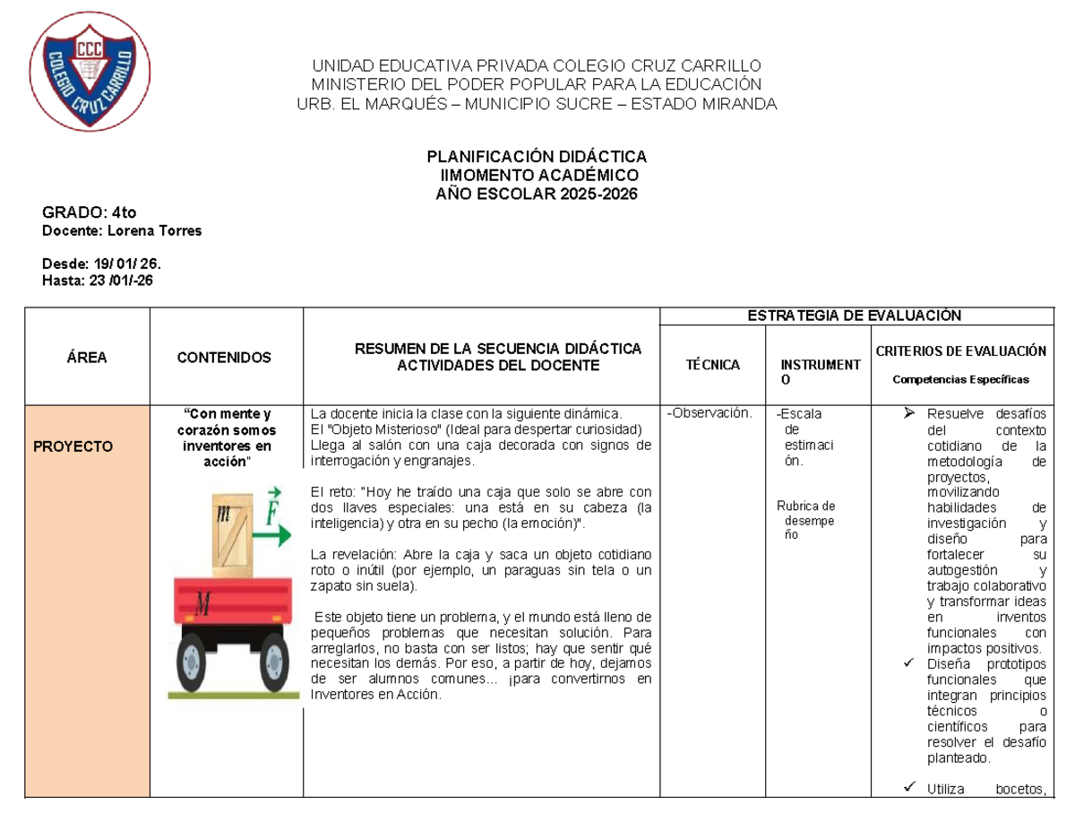 Planificación Didáctica y Proyecto de Aprendizaje 4to Grado II Lapso ...