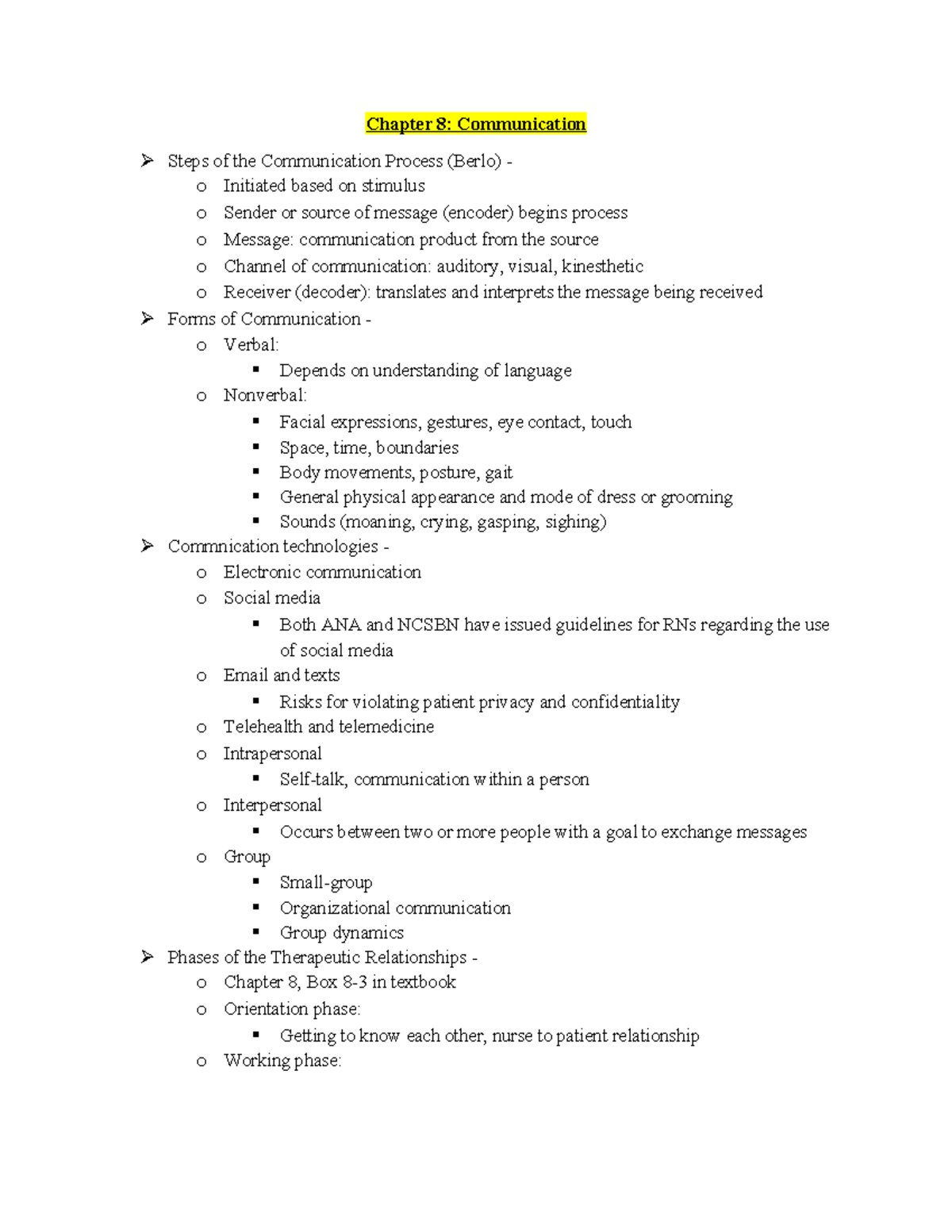 NUR303 Week 4 Chpt 8-10, 43-47 - Chapter 8: Communication Steps of the ...