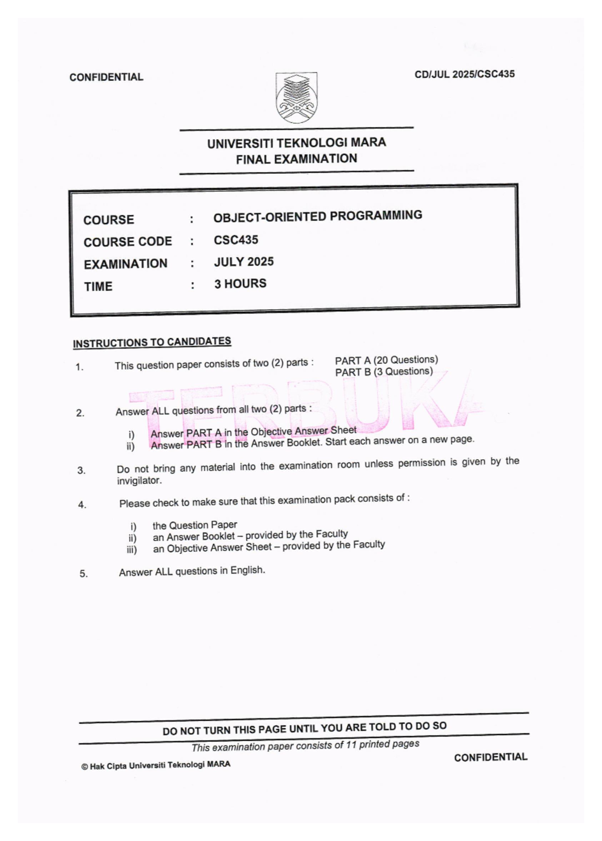 CSC435 Final EXAM JULY 2025 - CONFIDENTIAL UNIVERSIT] TEKNOLOGI MARA ...