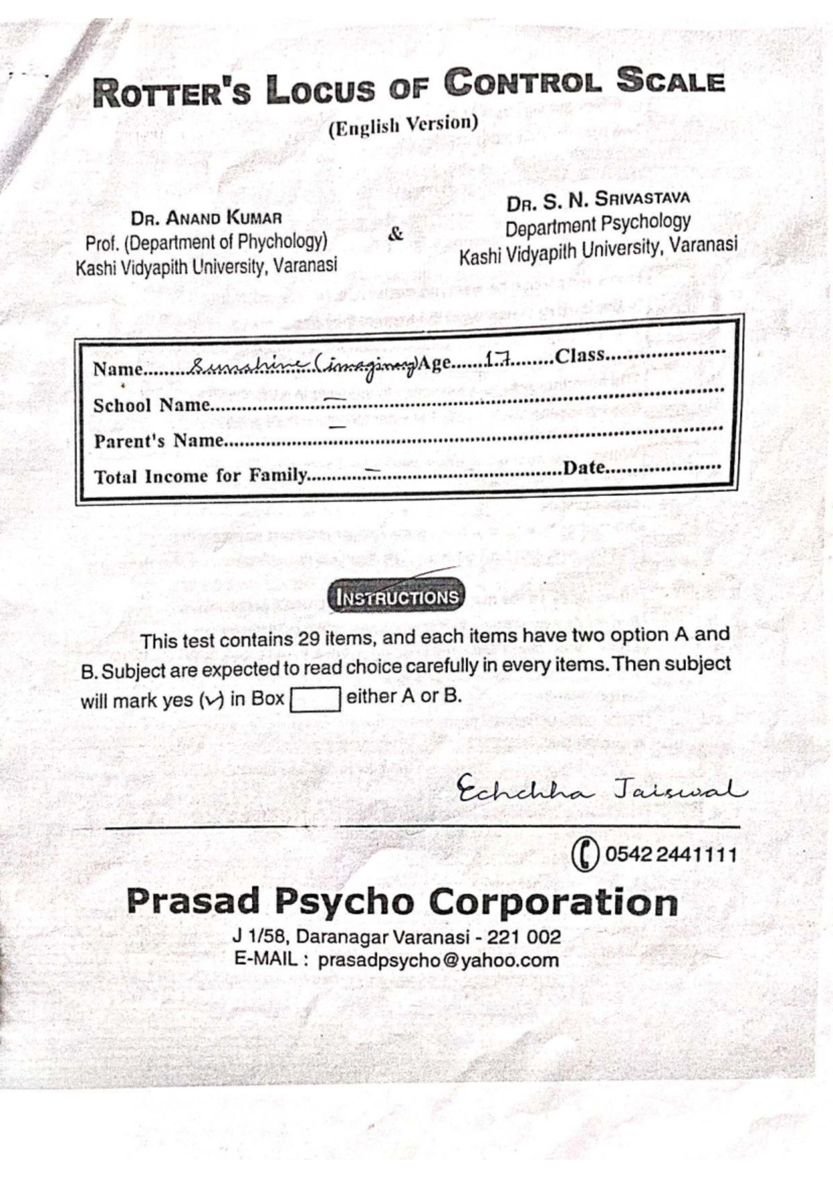 Locus of Control Scale - English Version (Psychology Study) - Studocu