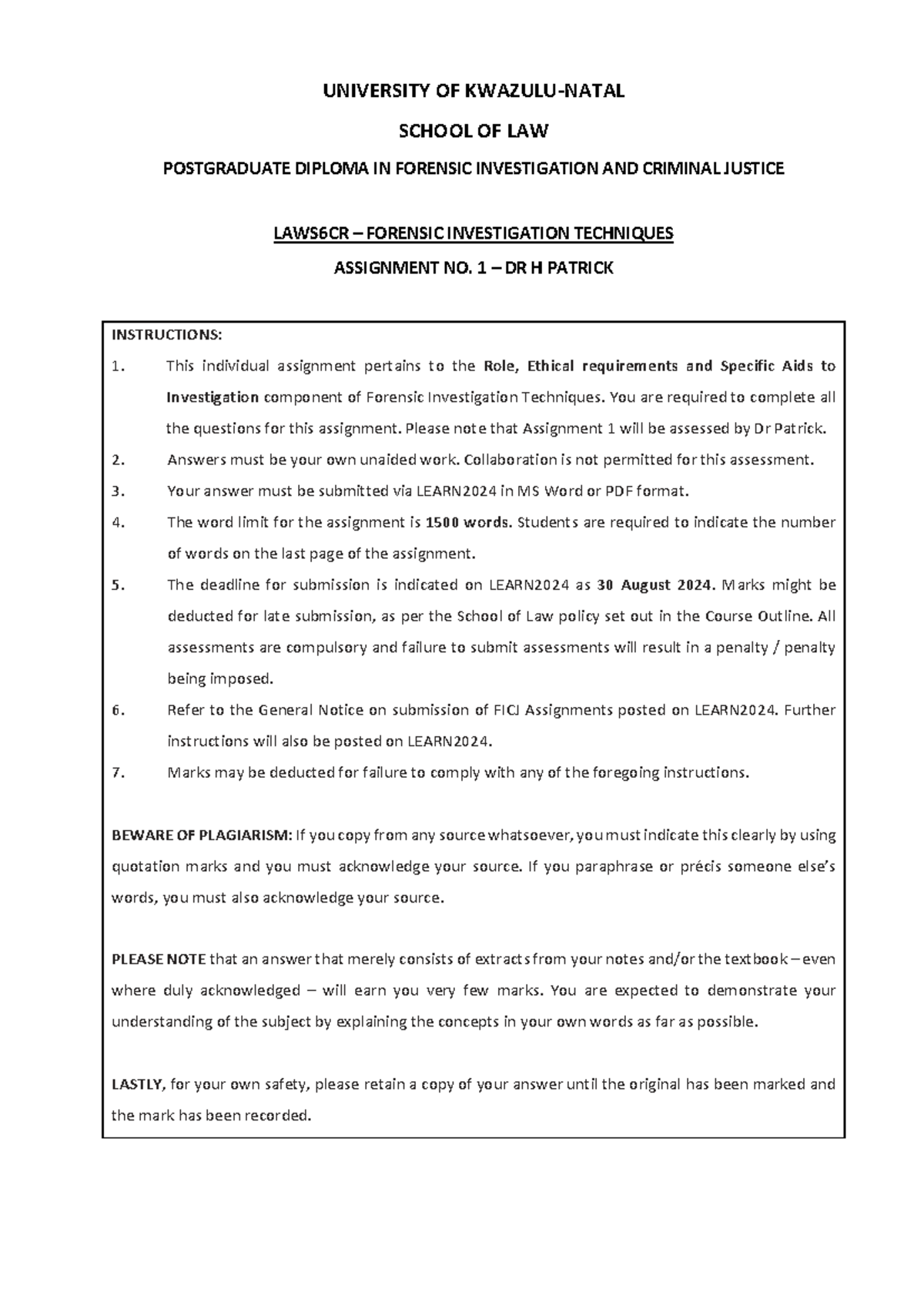 LAWS6FT Assignment 1 - Final - UNIVERSITY OF KWAZULU-NATAL SCHOOL OF ...