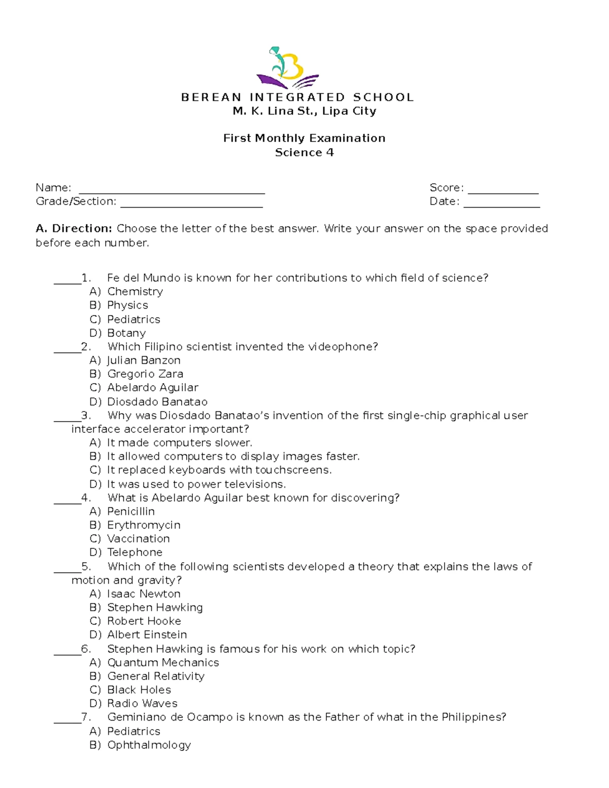Science 9 - Q3 Monthly Exam on Volcanoes and Eruptions - Studocu