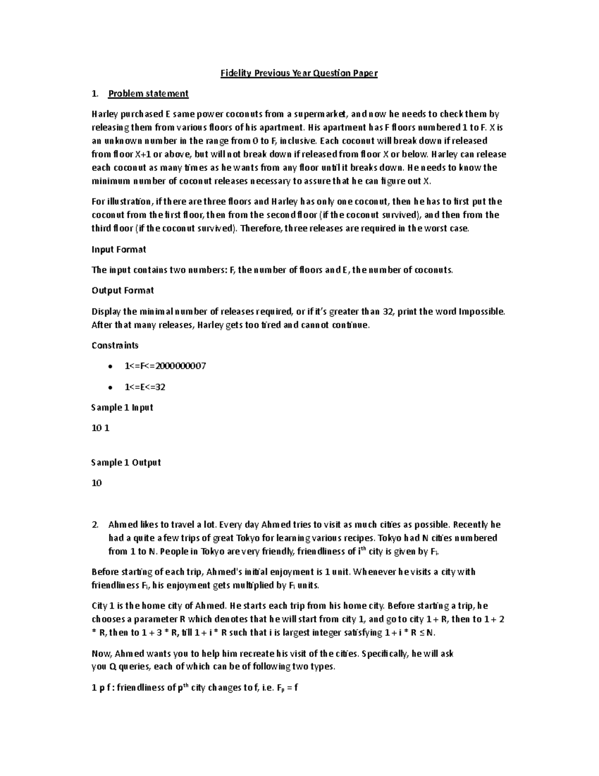 Fidelity PY Ques Paper: Tech Coding Challenges & Solutions - Studocu