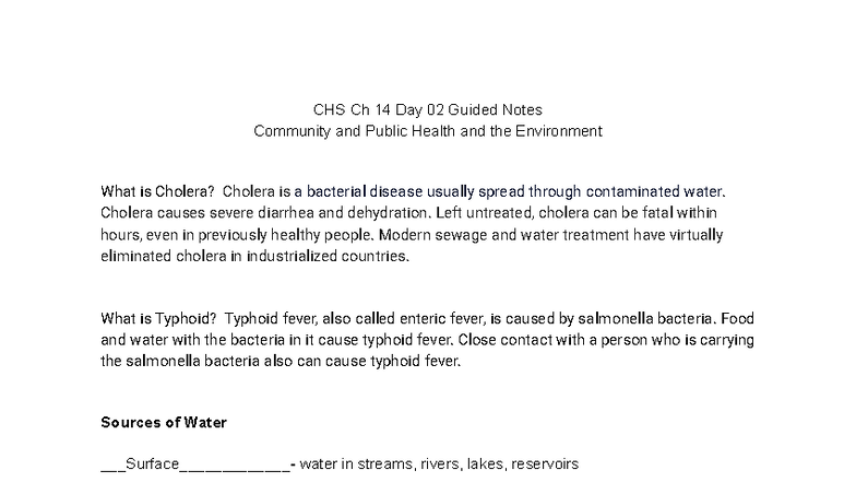 CHS Ch 14 Day 02 Guided Notes: Cholera, Typhoid, and Water Pollution ...