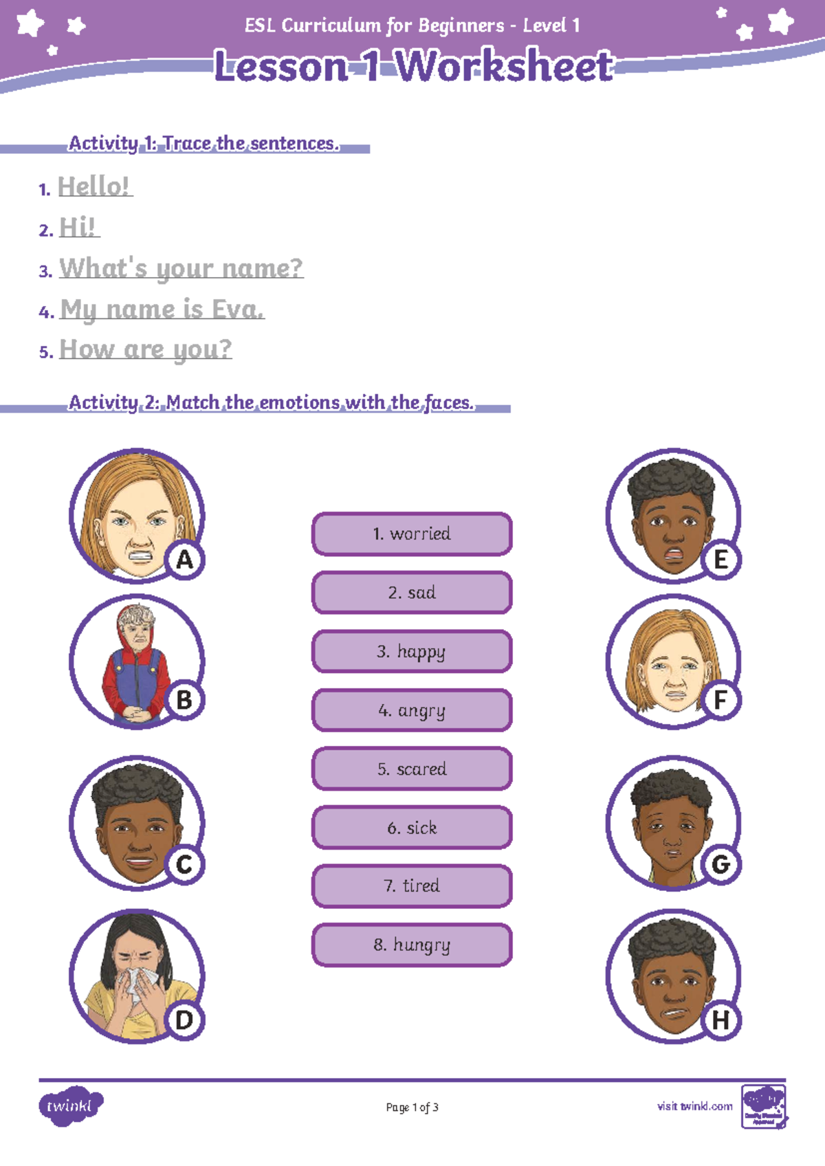 ESL Curriculum Level 1: Lesson 1 Worksheet Activities and Answers - Studocu