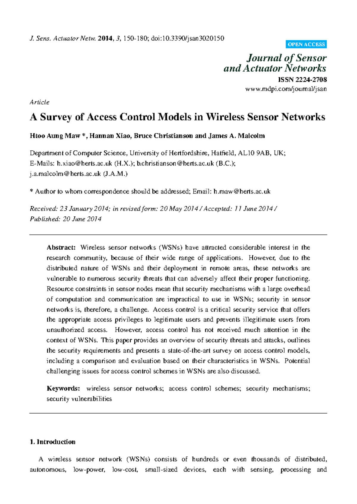 A Survey of Access Control Models in Wireless Sensor Networks (CS ...