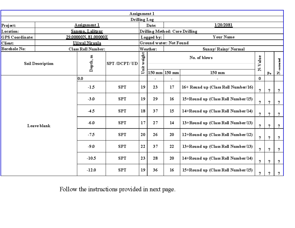 Assignment 1 - Drilling Log Practice for SPT Analysis - Studocu