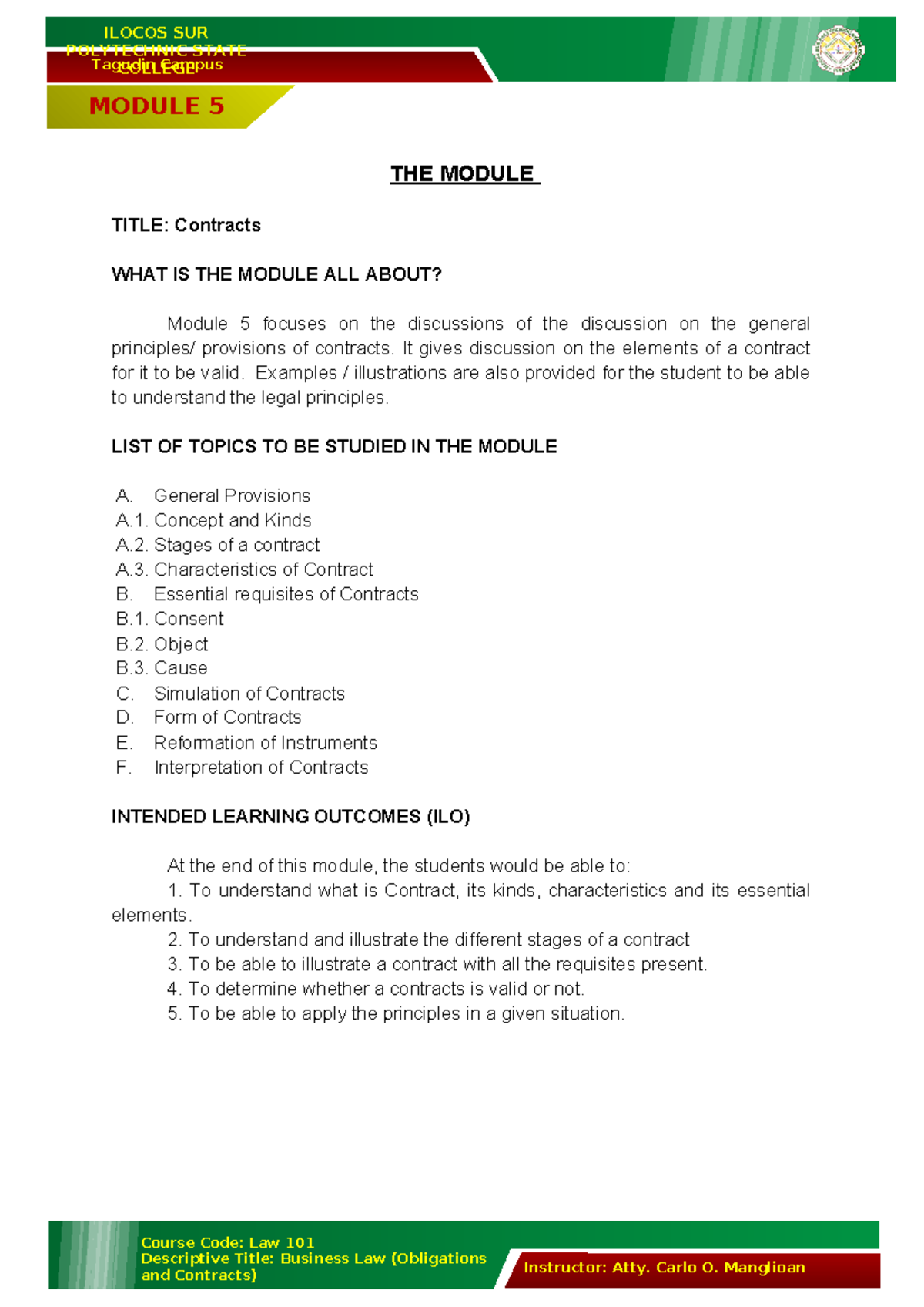 Law 101 Module 5: Contracts & Obligations Overview - Studocu