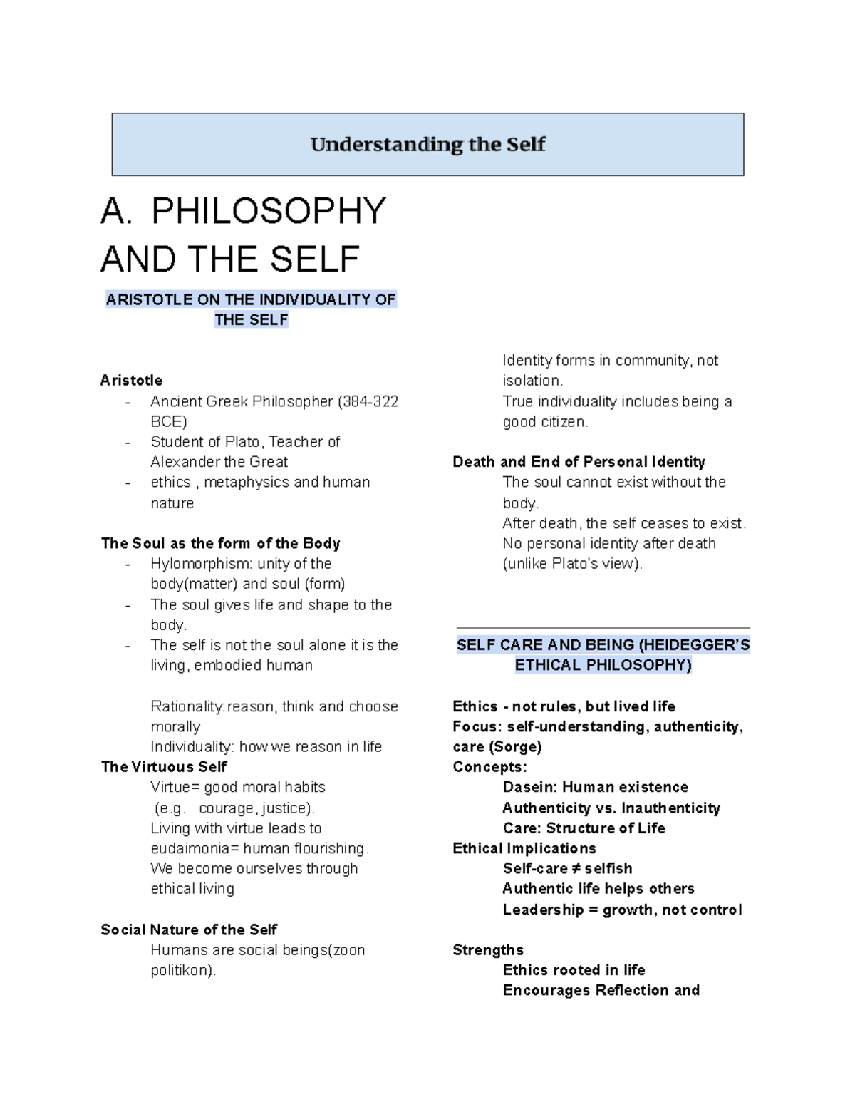 PHIL 101: Understanding the Self - Key Concepts and Theories - Studocu