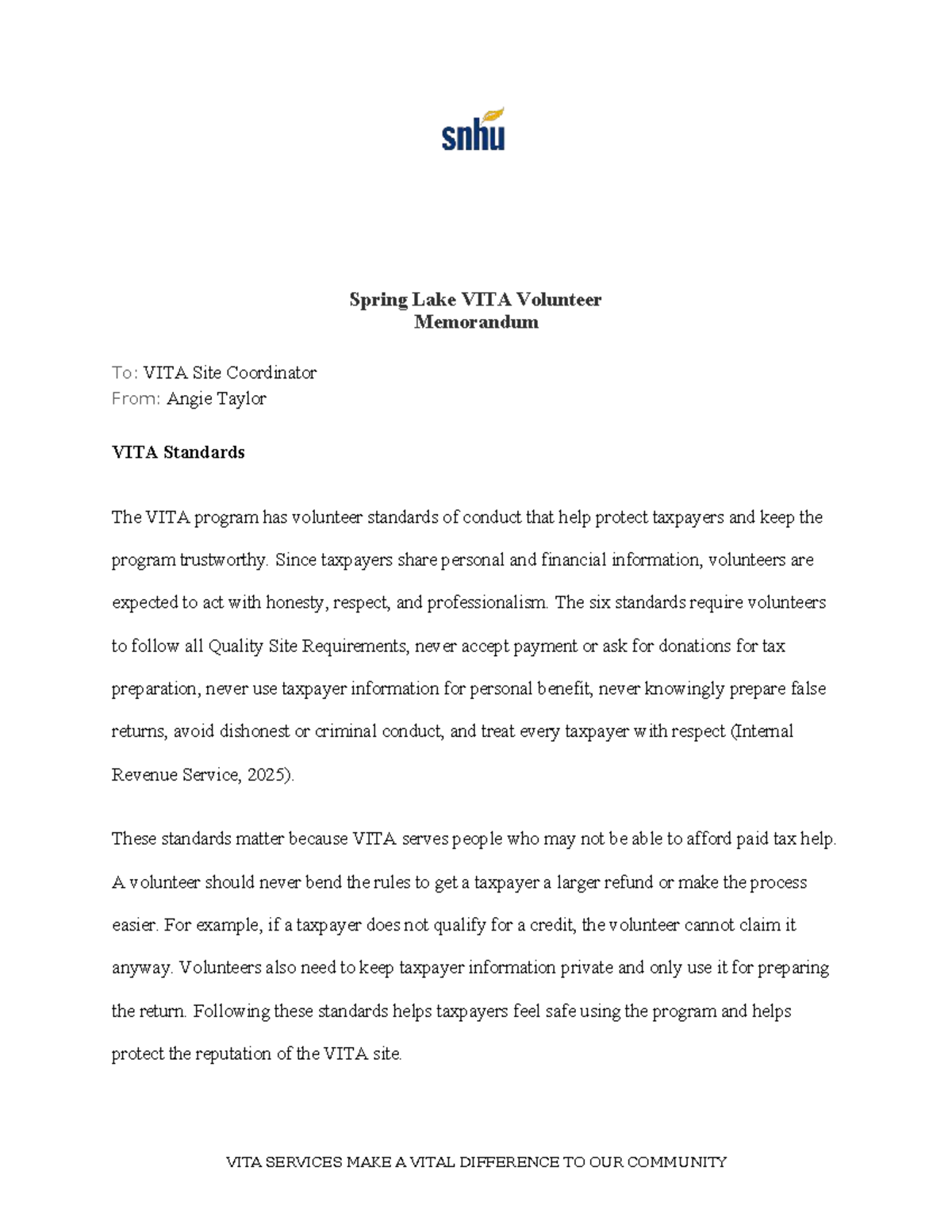 ACC 350 VITA Volunteer Standards and Responsibilities Memo - Studocu