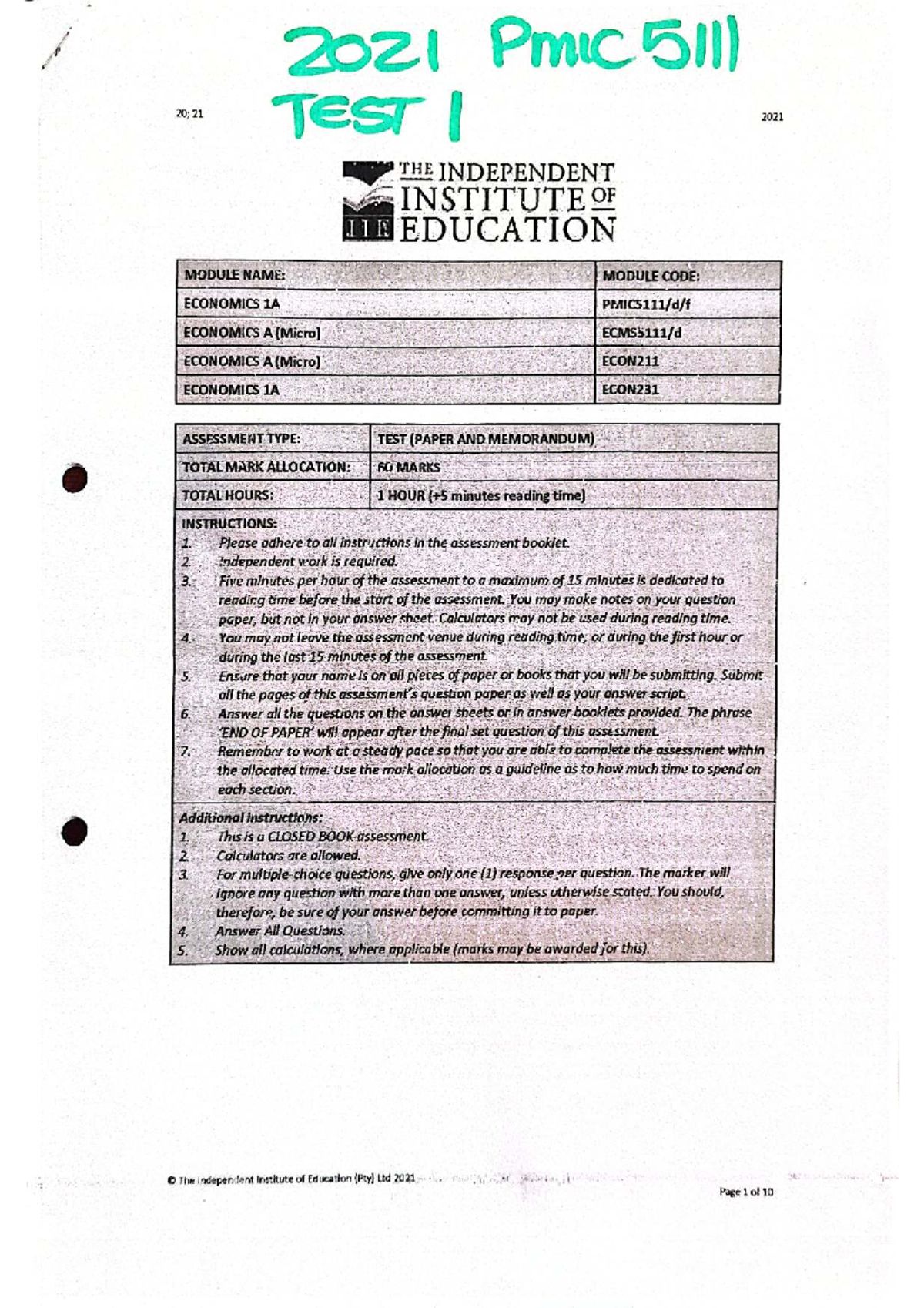 PMIC 511 Test I 2021: Economics 1A Past Paper Questions - Studocu