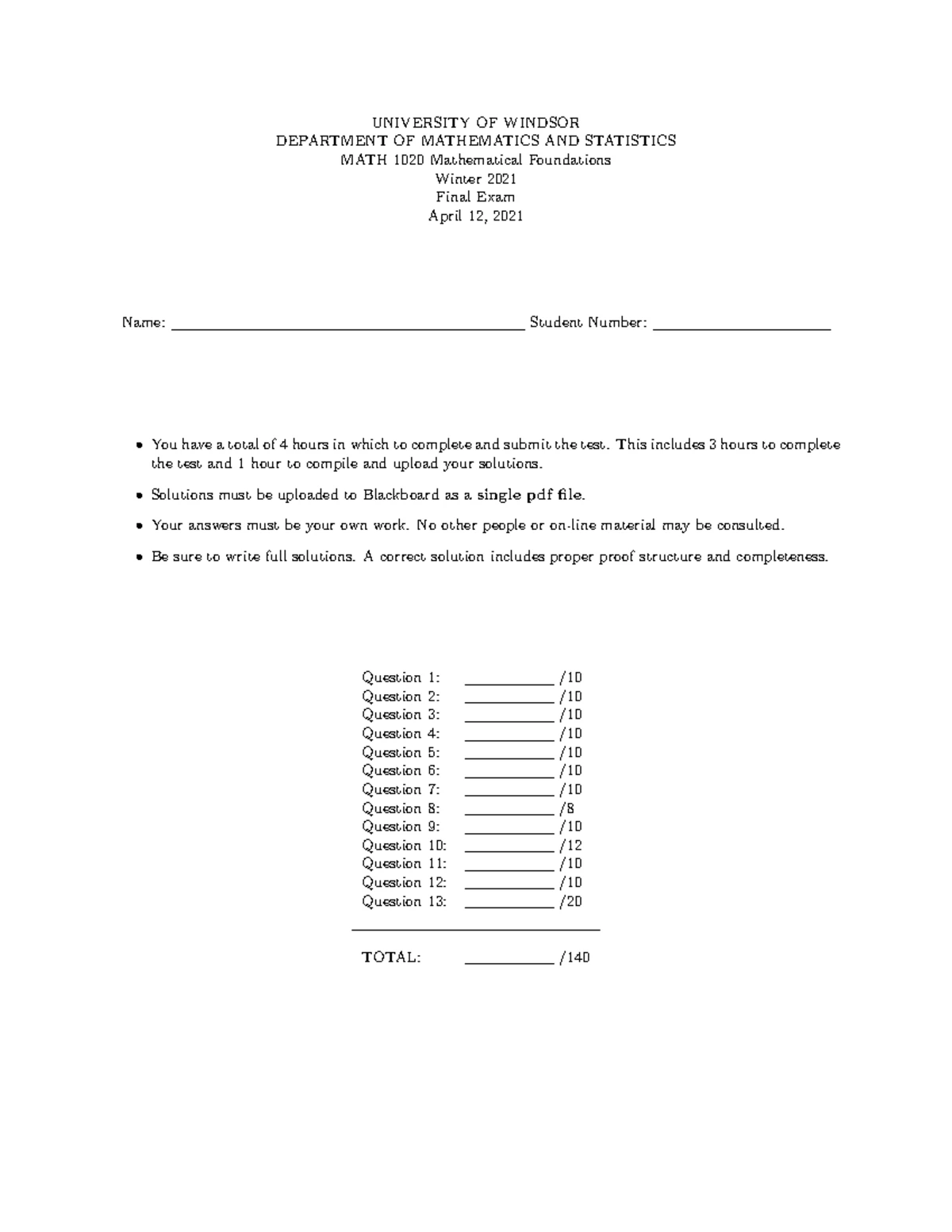 Mathematical foundations MATH 1020 practice questions for midterm test ...