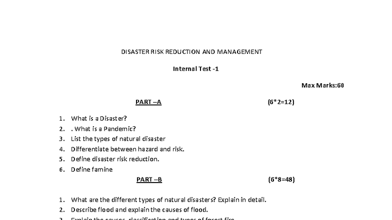 DISASTER RISK REDUCTION AND MANAGEMENT Internal Test (Max 60 Marks ...