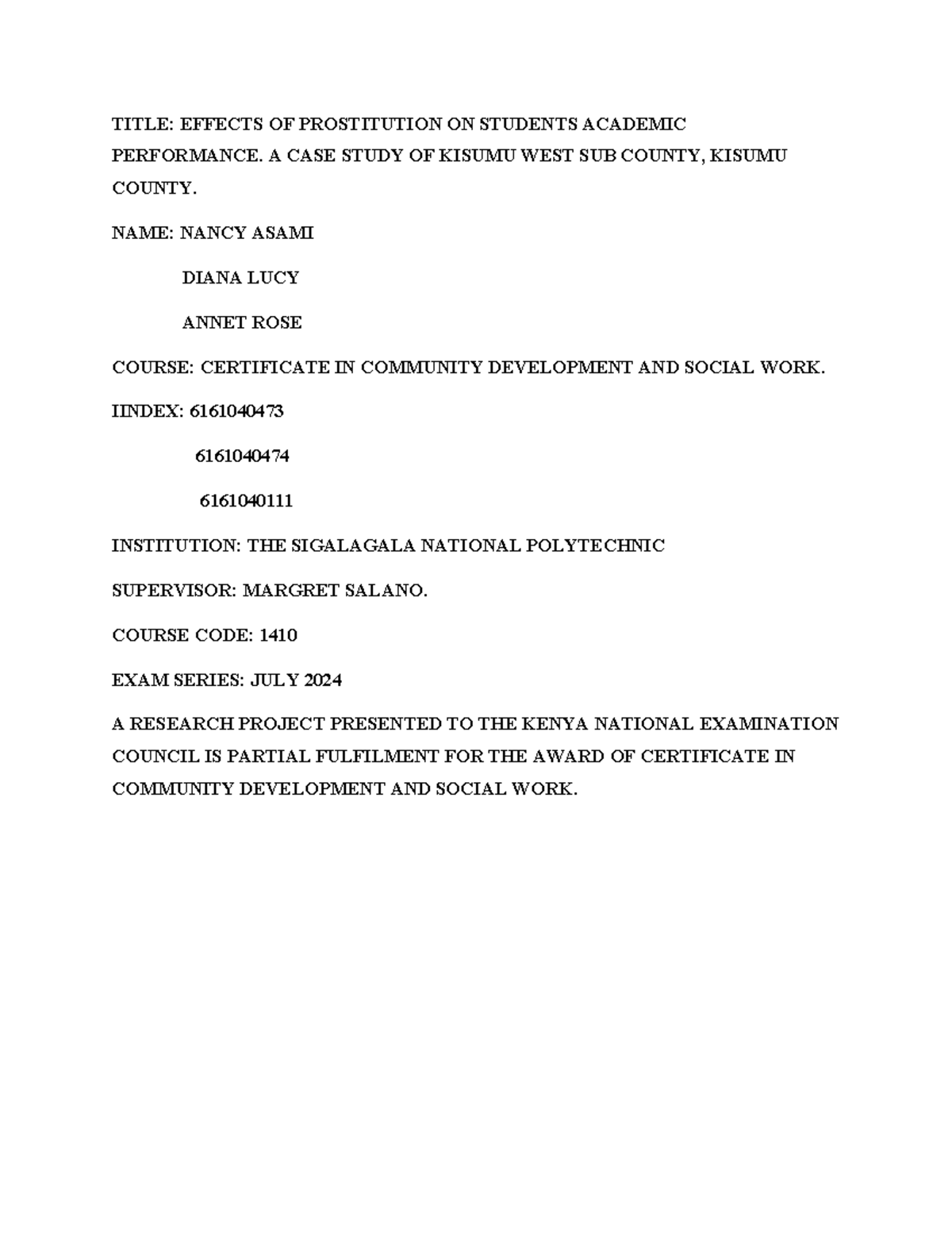 Effects of Prostitution on Academic Performance: A Case Study in Kisumu ...