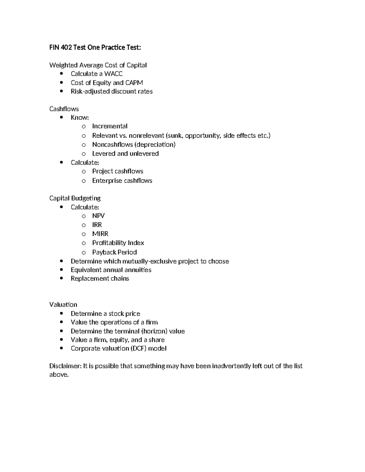 FIN 402 Exam 1 Practice Test: WACC, Cashflows, Capital Budgeting, Valuation - Studocu