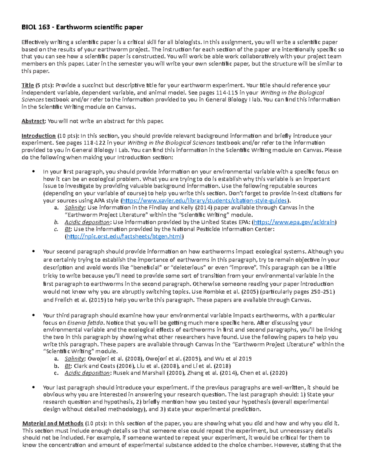 Earthworm paper assignment - BIOL 163 - Earthworm scientific paper ...