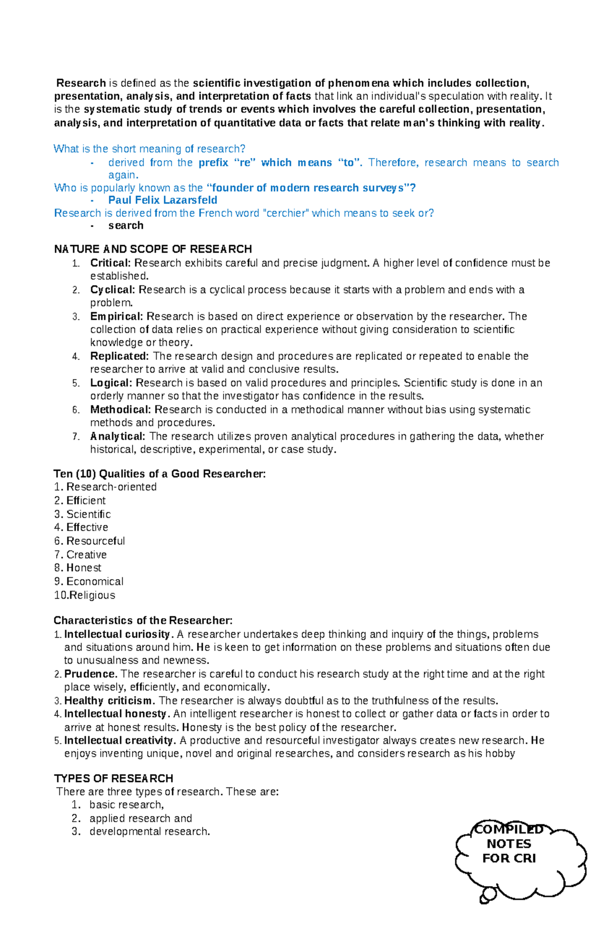 Compiled Study Notes for CRI 191: Understanding Research Fundamentals ...