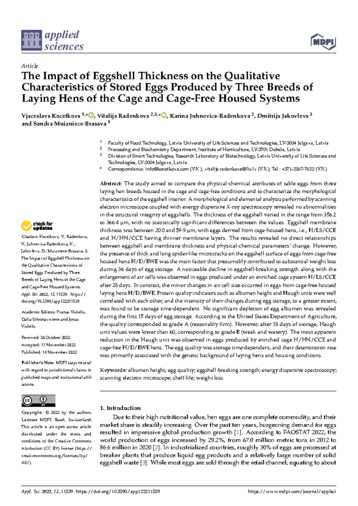 Appl. Sci. 2022: Effects of Eggshell Thickness on Egg Quality During ...
