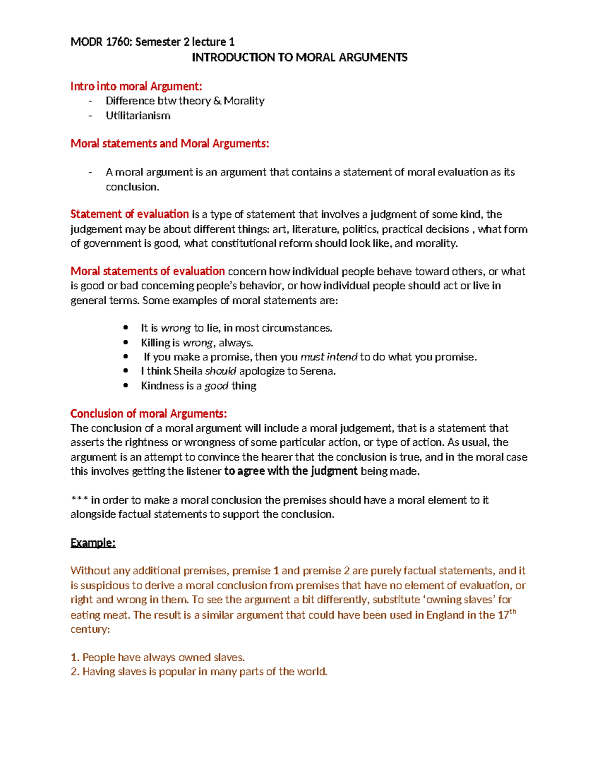 Intro to Moral Arguments: MODR 1760 Lecture 1 Analysis - Studocu