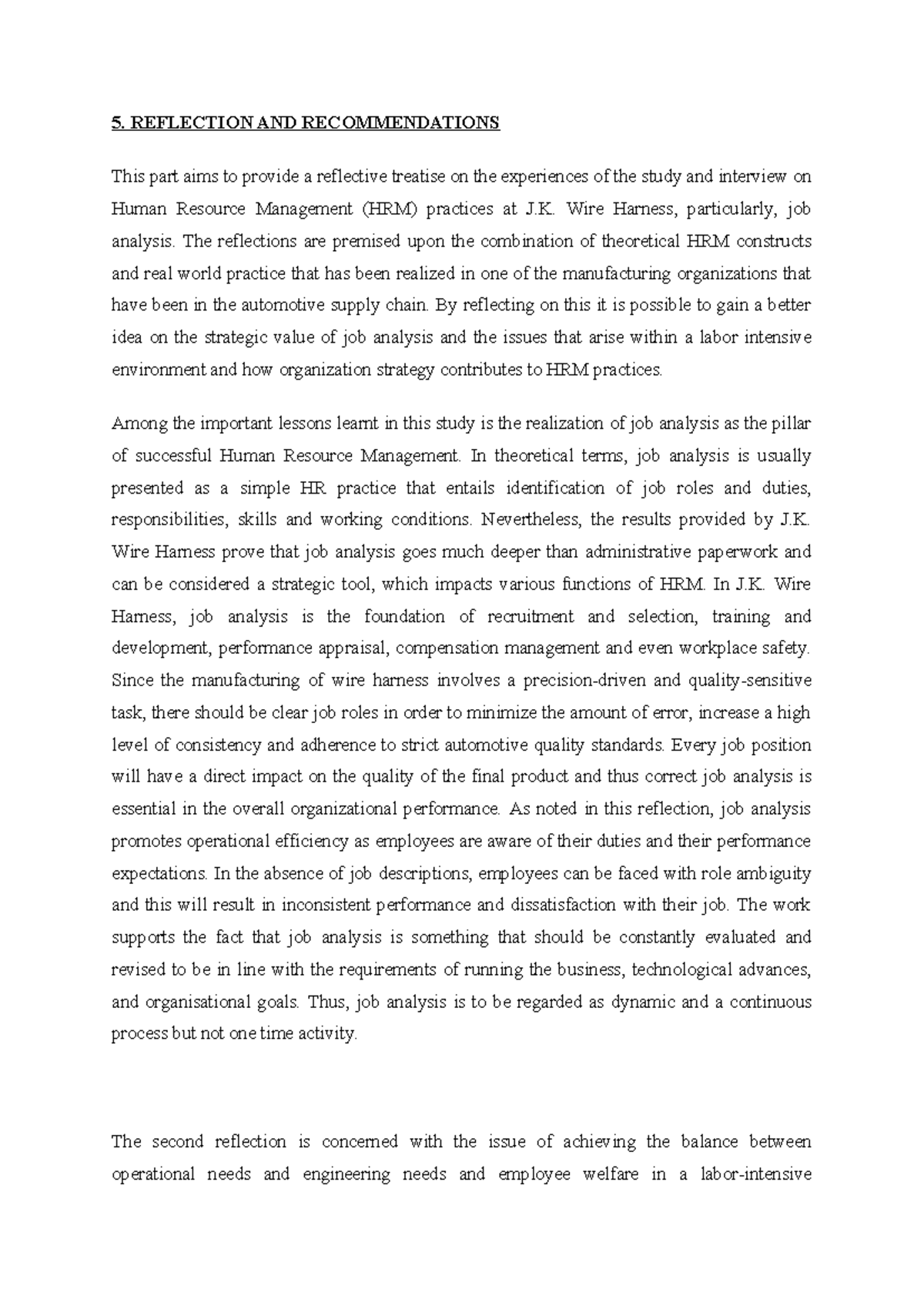 HRM 5: Reflections on Job Analysis at J.K. Wire Harness - Studocu