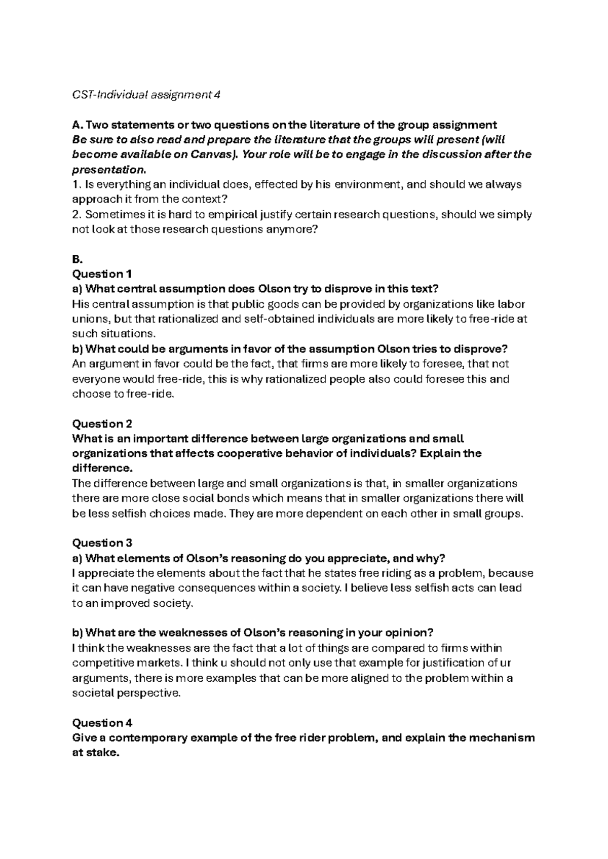 CST-Assignment 4 - Analysis of Olson's Theories and Free Rider Problem ...