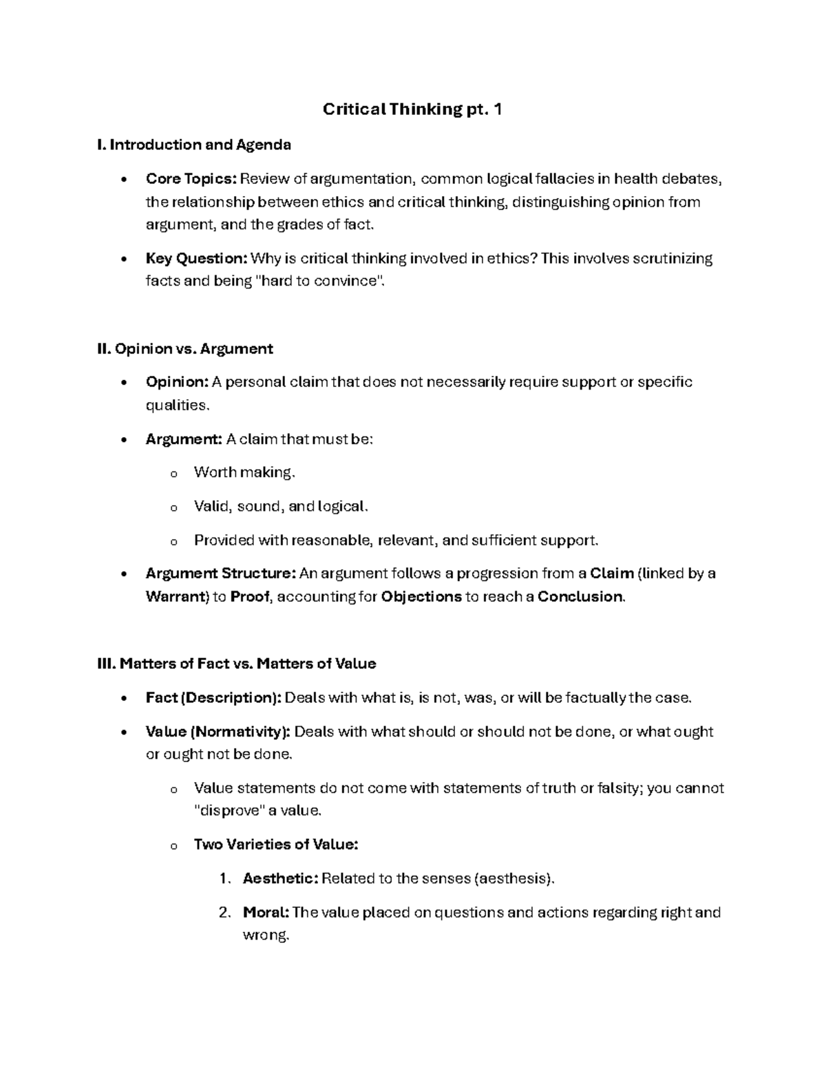 Week 2 & 3 - Critical Thinking: Ethics, Arguments, and Fallacies - Studocu