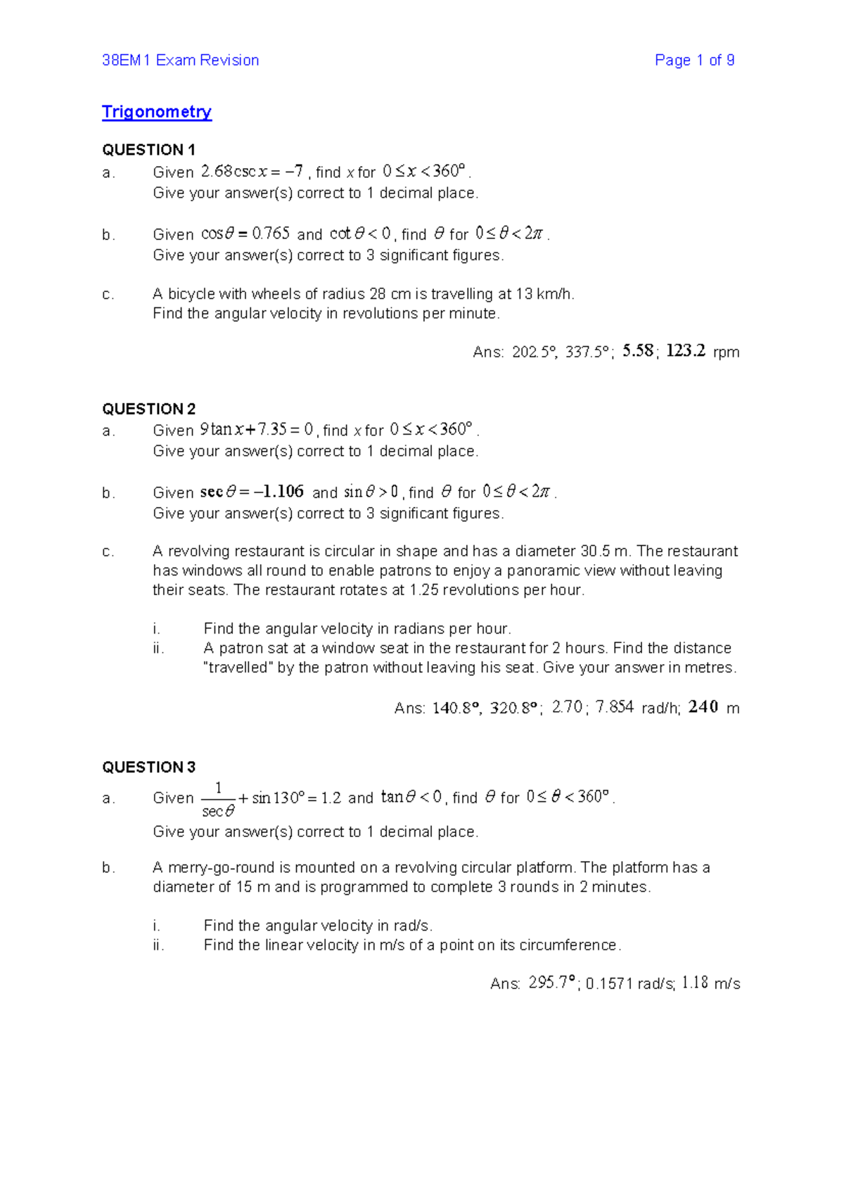 38EM1 Final Exam Revision: Trigonometry, Logs, Complex Numbers & Diff ...