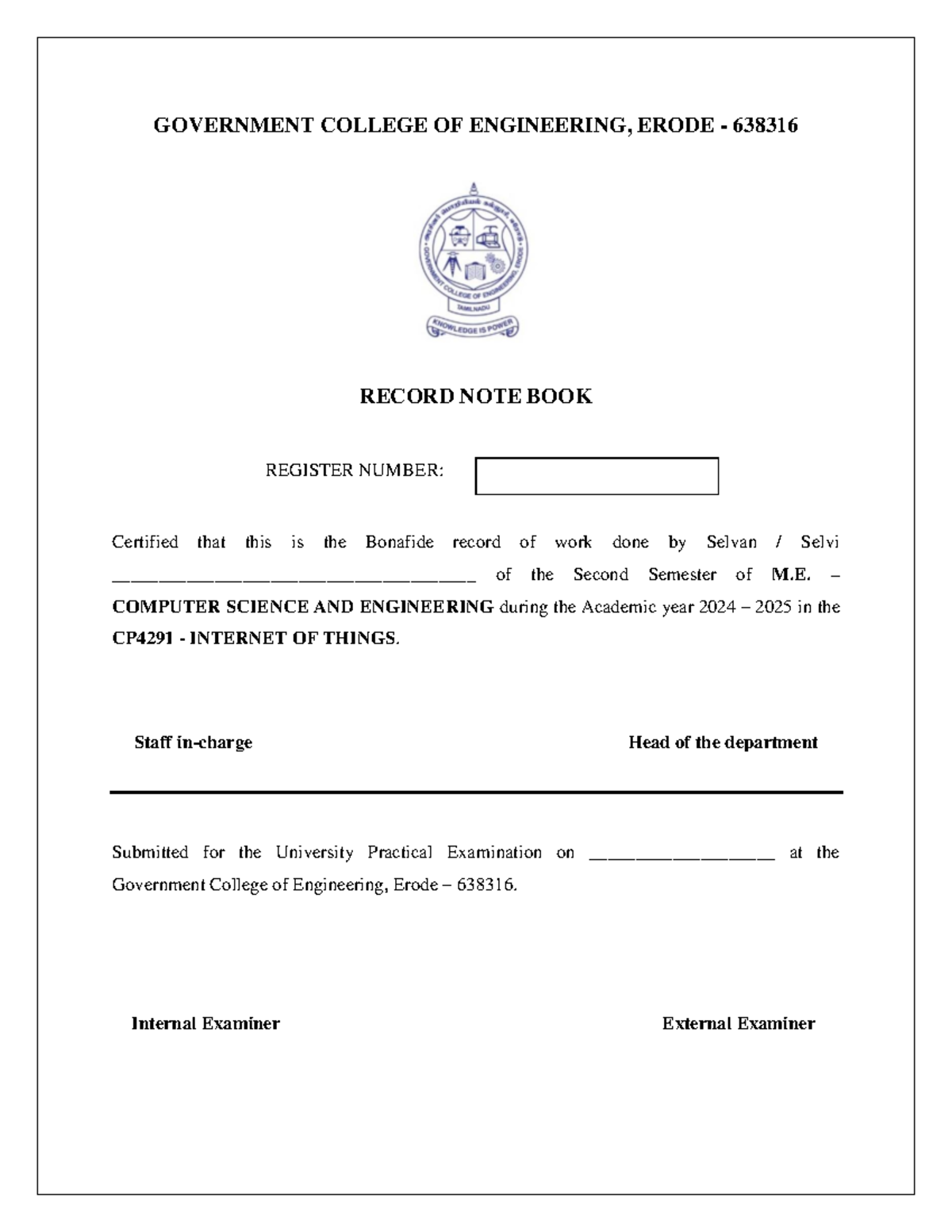 IOT LAB CP4291 Practical Record for M.E. CSE - 2024-2025 - Studocu