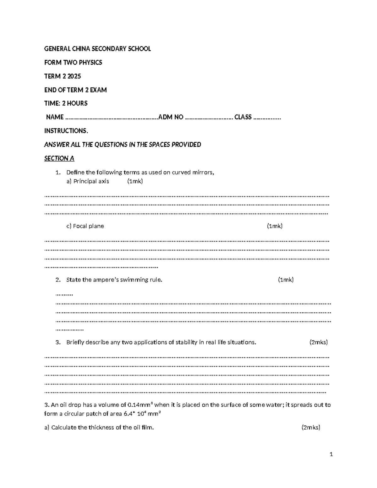Form Two Physics Term 2 End of Term Exam - 2025 - Studocu