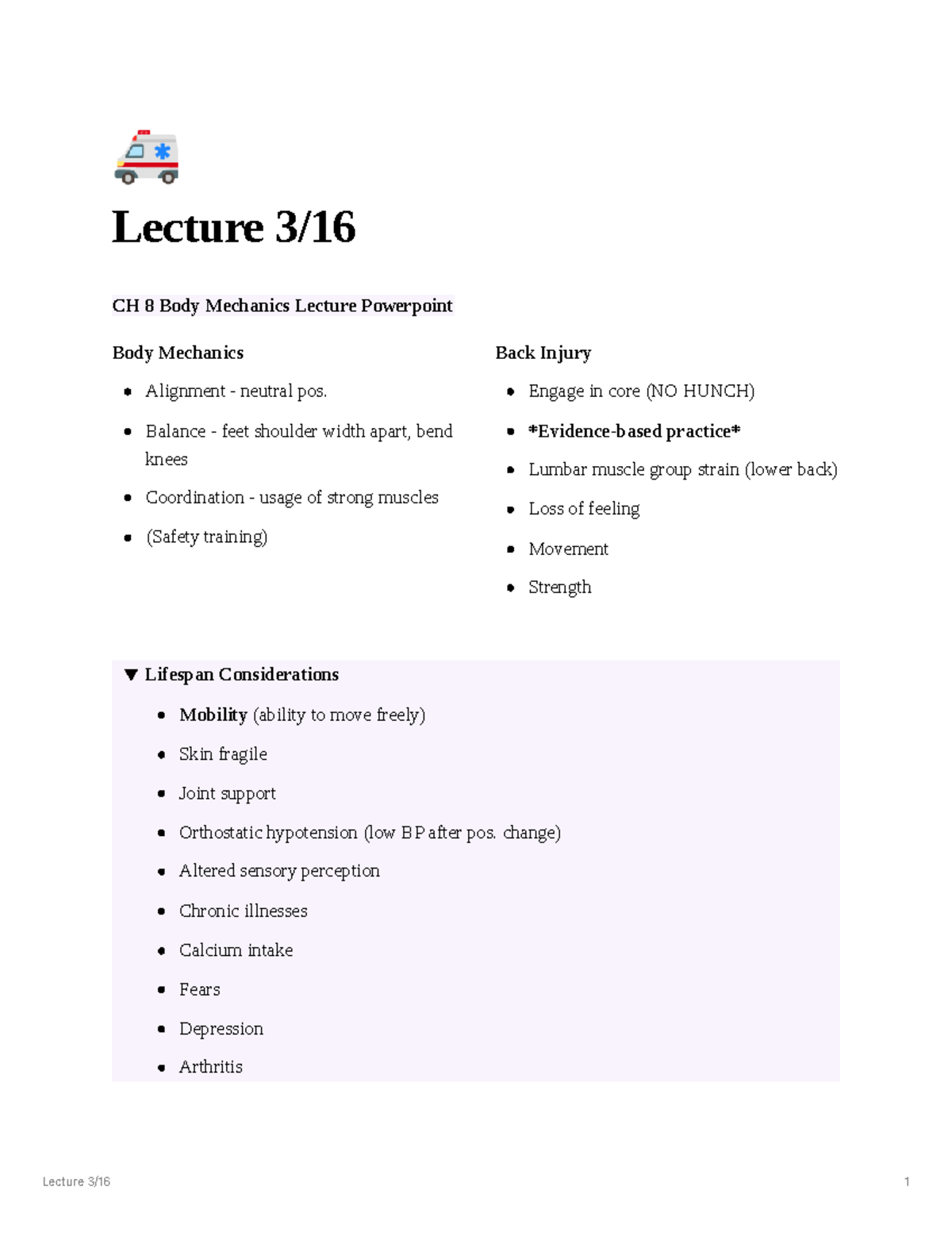 Mobility CH 8 Lecture: Body Mechanics & Immobility Challenges - Studocu