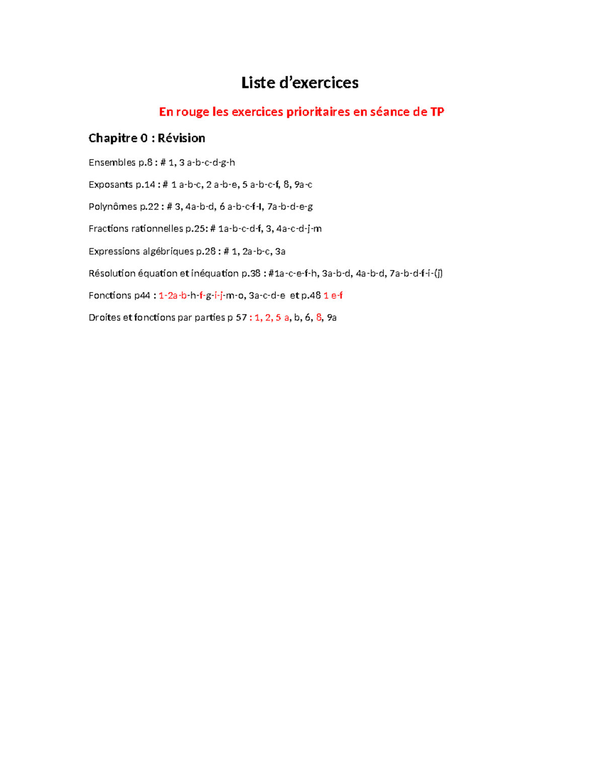 Liste dexercices chap 0 - Liste d’exercices En rouge les exercices ...