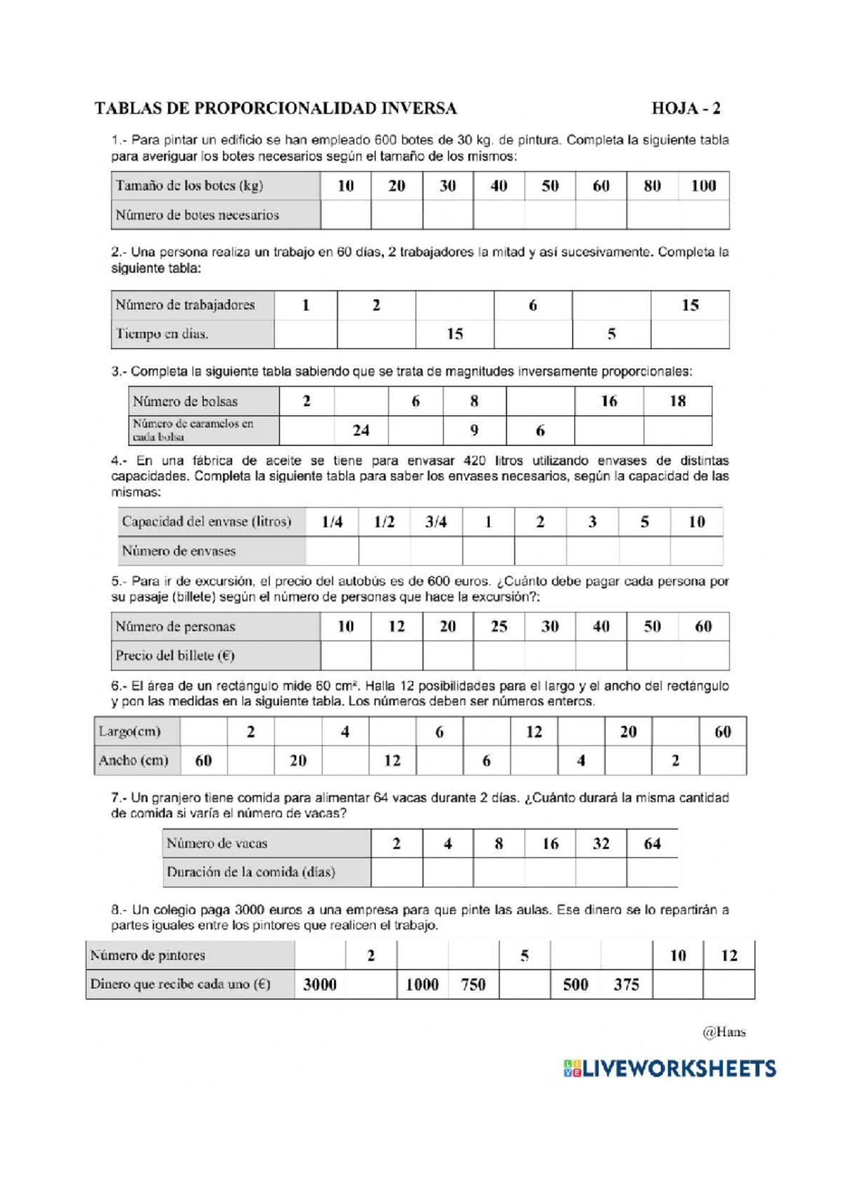 TABLAS DE PROPORCIONALIDAD INVERSA - HOJA 2 - Studocu