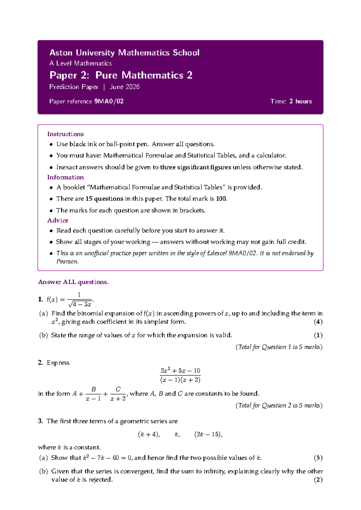 AUMS A Level Mathematics Paper 2: Pure Mathematics 2 Prediction Paper ...
