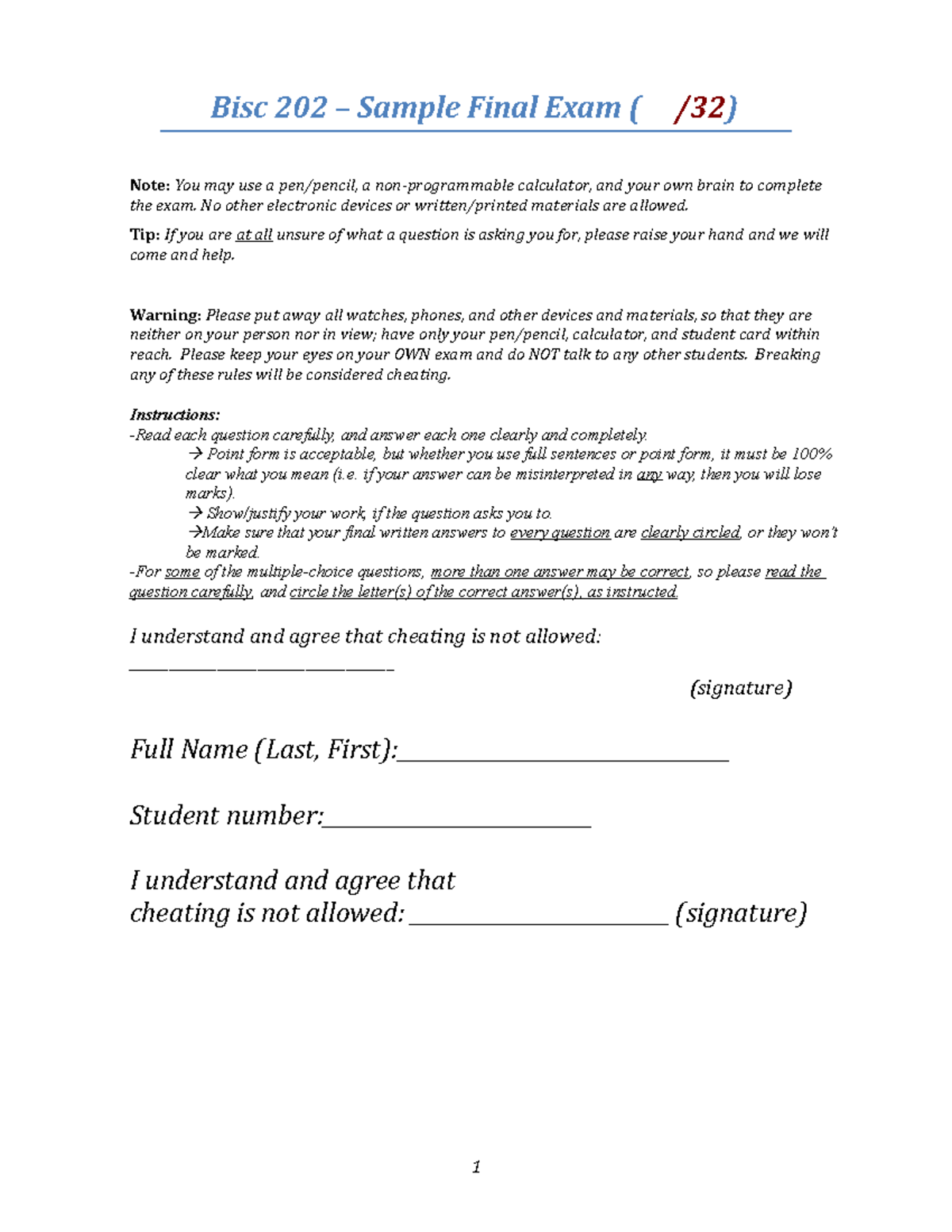 Sample Final B - Practice - Bisc 202 – Sample Final Exam ( /32) Note ...