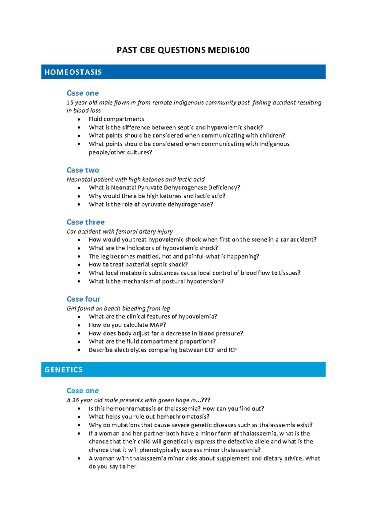 PAST CBE Questions MEDI6100: Homeostasis, Genetics, Immunology, and ...