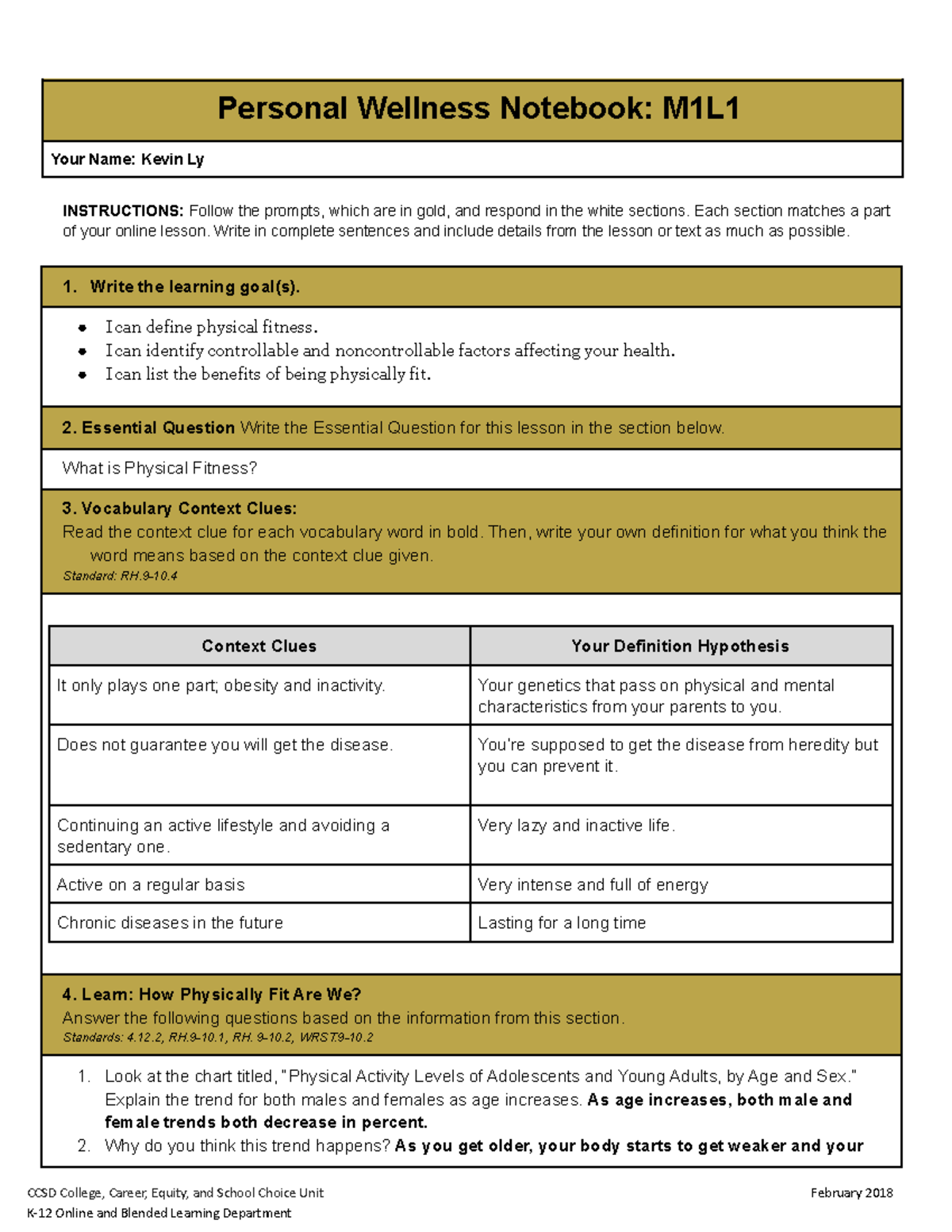 Health Personal Wellness Notebook M1L1 - Personal Wellness Notebook ...
