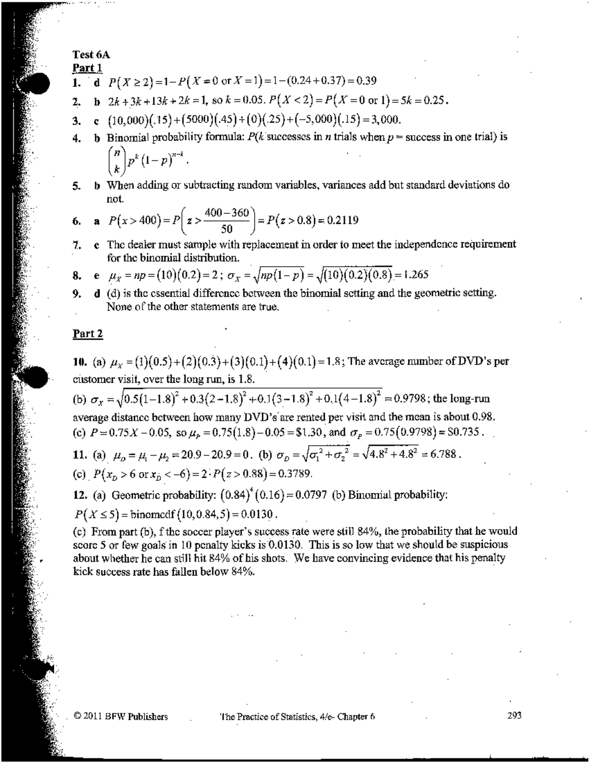 Chapter 6 Answer Key: Binomial & Geometric Probability (6A & 6B) - Studocu