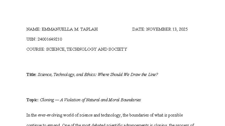 STS 24001649210 Final Assignment: Ethics of Cloning and Moral ...