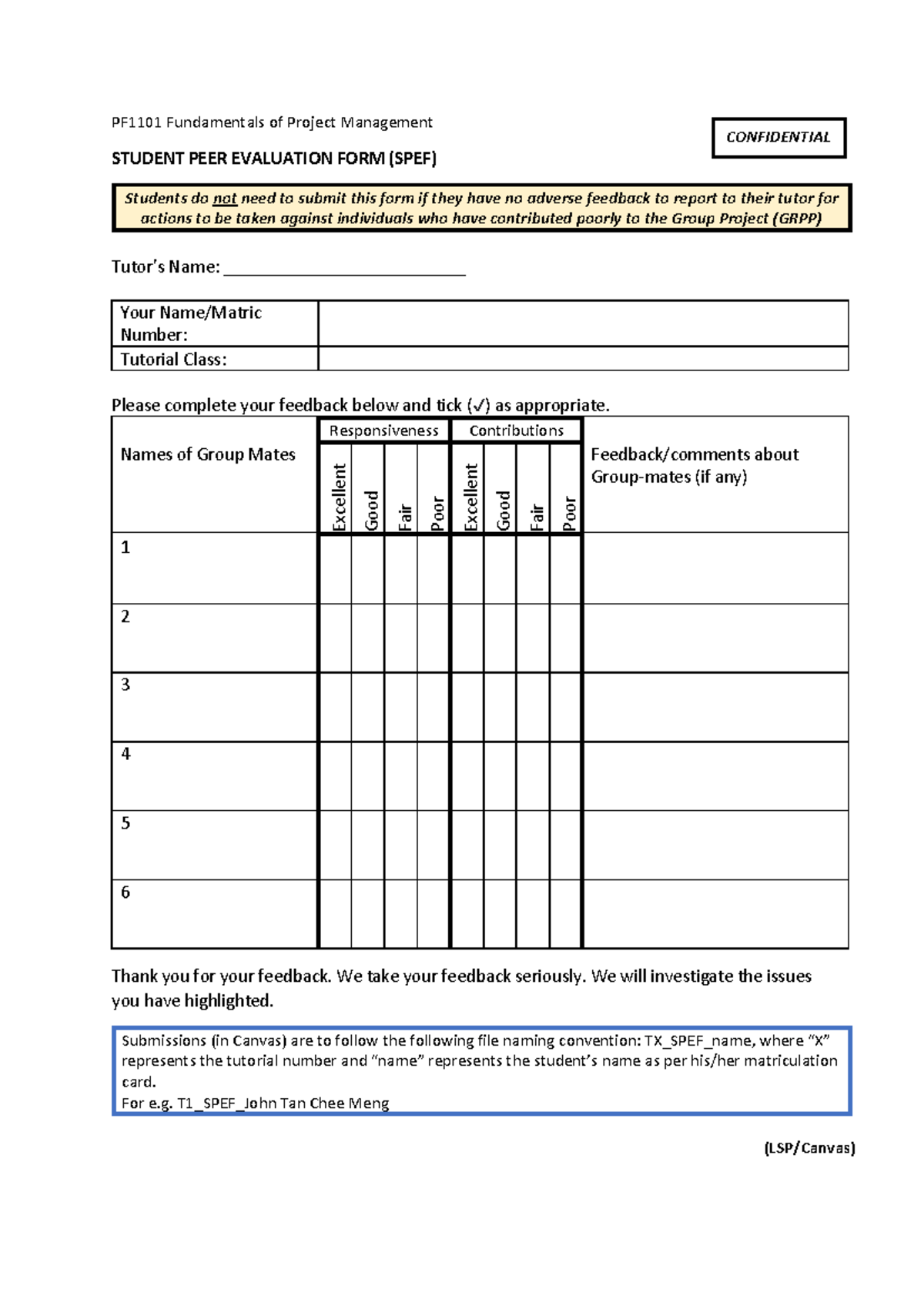 PF1101 Student Peer Evaluation Form for Group Projects - Studocu