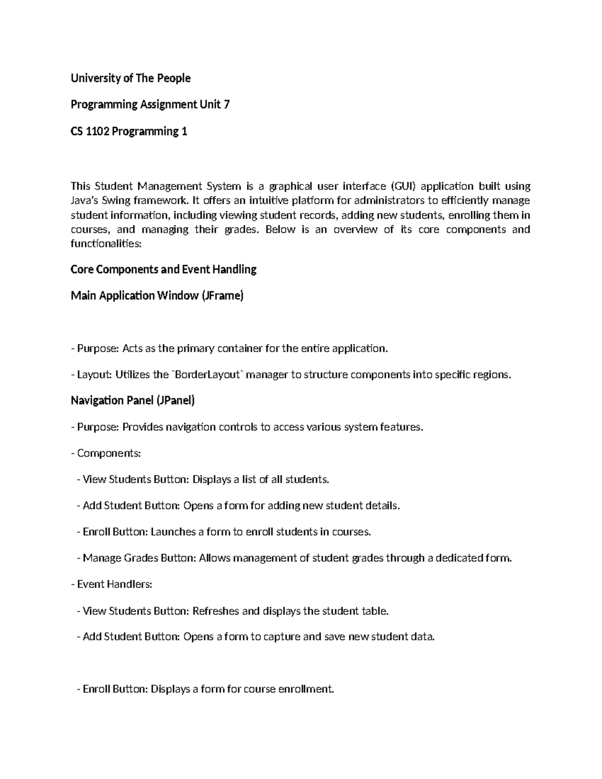 CS 1102 Programming Assignment Unit 7: Student Management System GUI ...