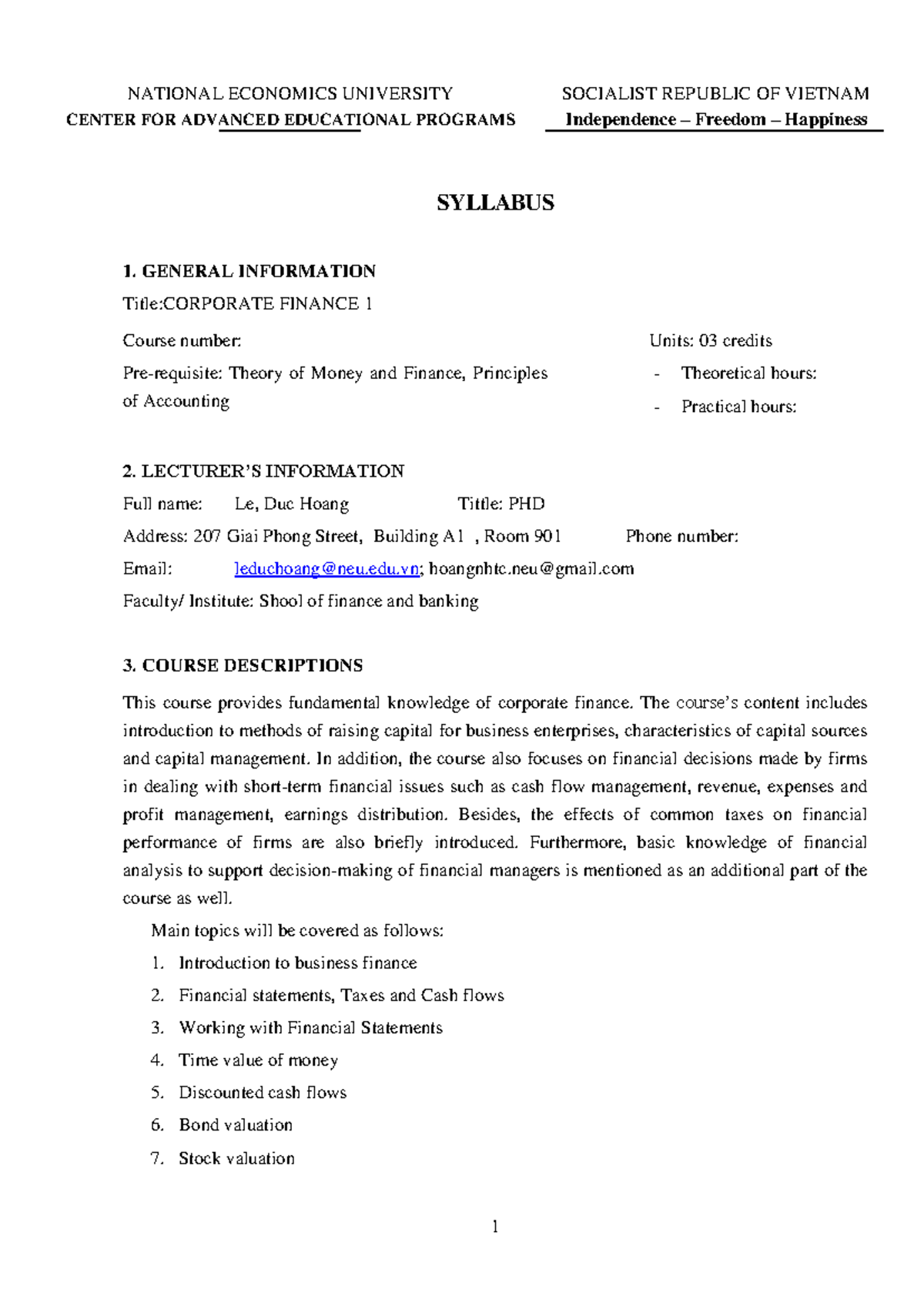 Corporate Finance 1 Syllabus (TCDN 1) - Course Overview and ...