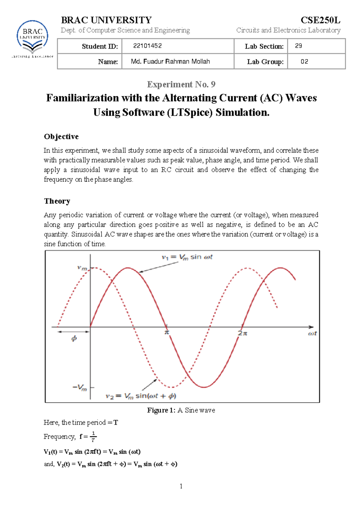 CSE250L Experiment 09: AC Waves and LTSpice Simulation Analysis - Studocu