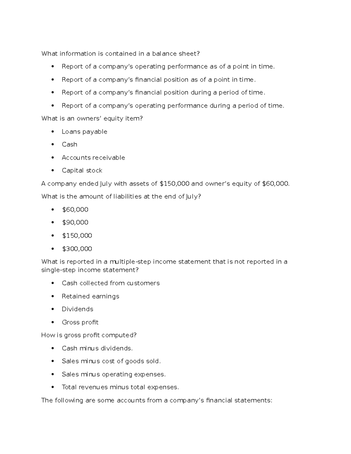 Pre-assessment Test Questions for ACCT 101: Financial Statements ...