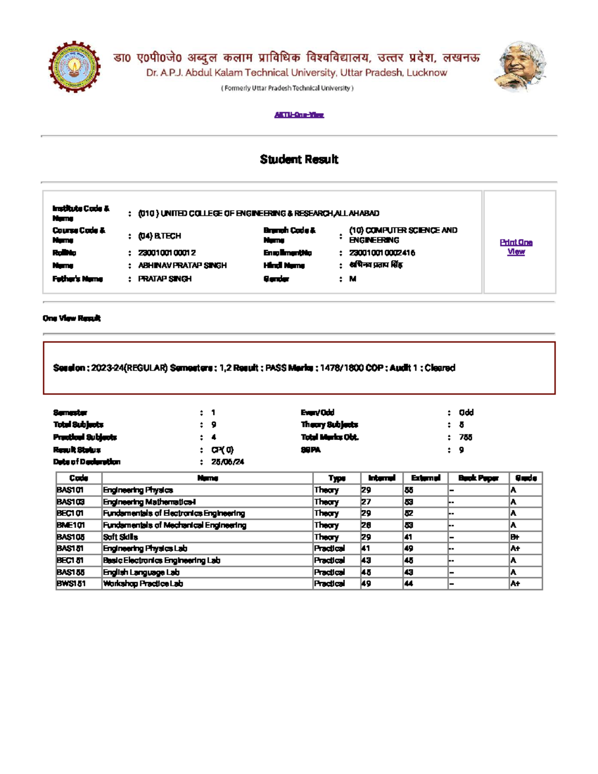 B.TECH (CSE) Result Summary: Semesters 1-4 at UNITED COLLEGE - Studocu