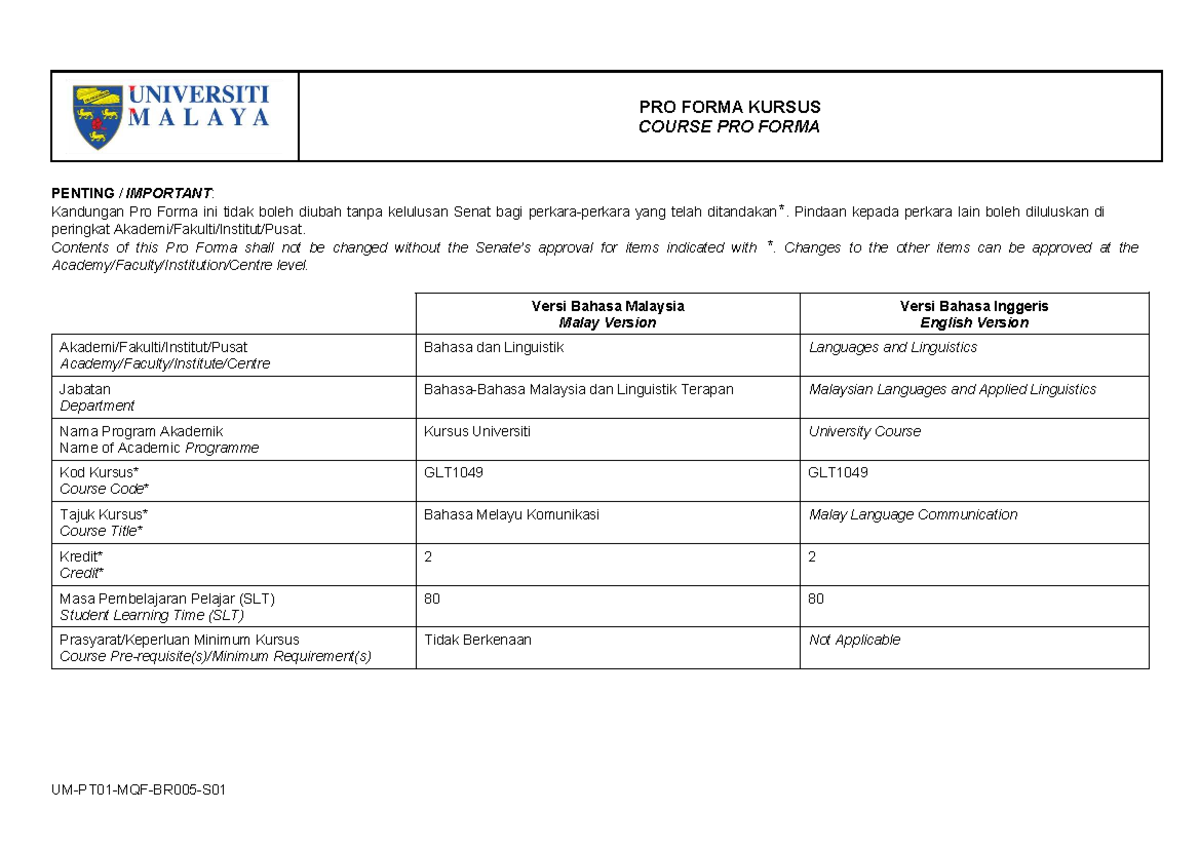 GLT1049 Pro Forma for Malay Language Communication Course - Studocu