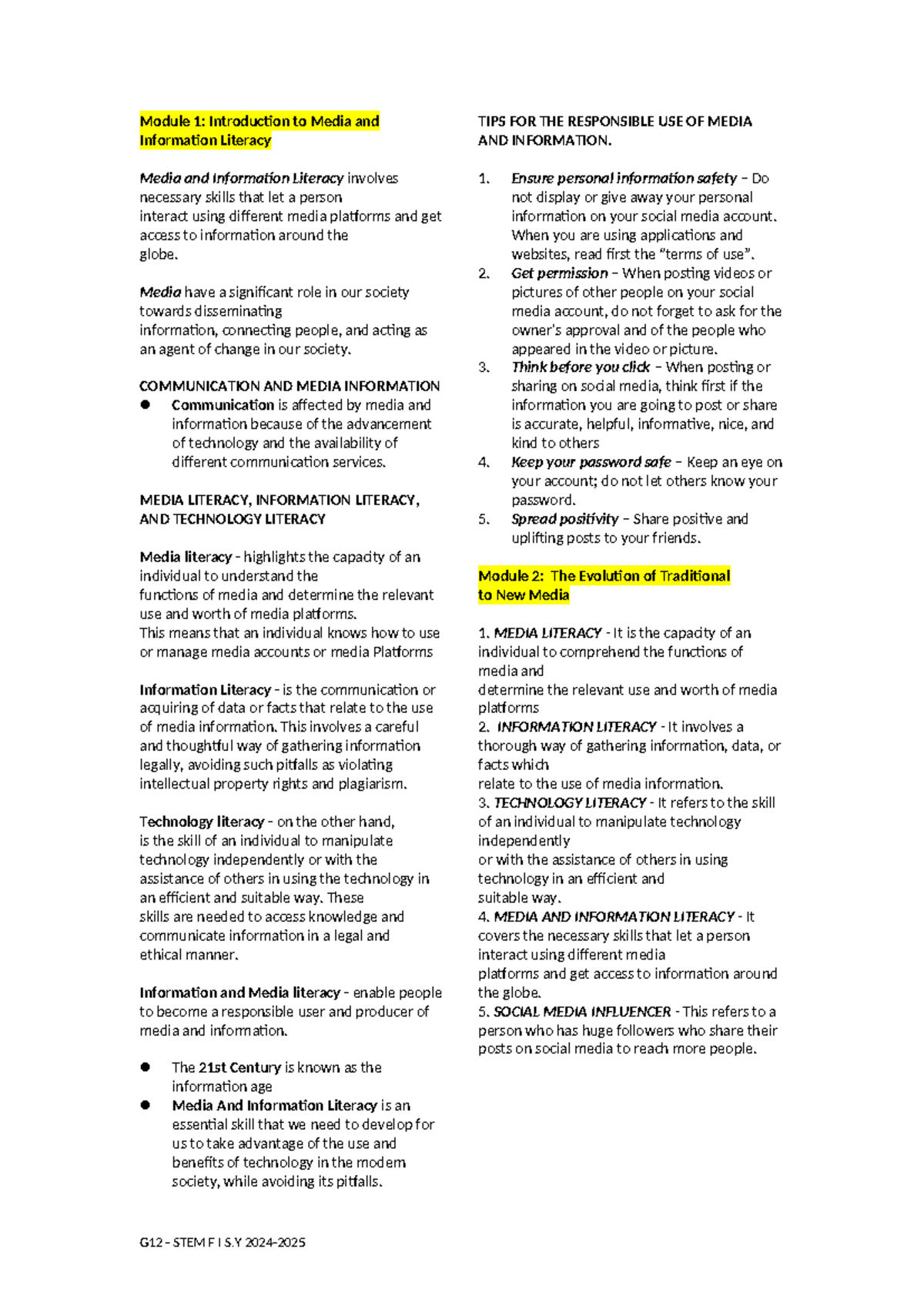 G12 STEM F: Media and Information Literacy Module 1 Reviewer - Studocu