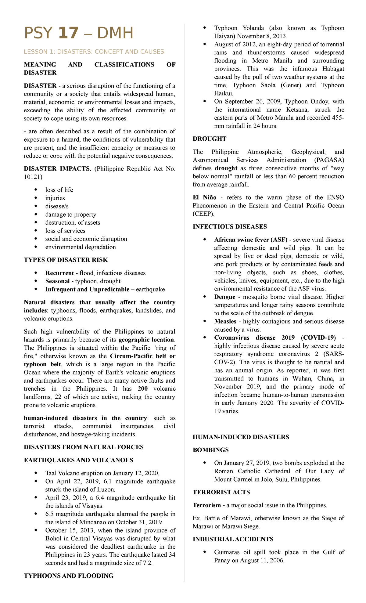 DMH - Midterm - Noted - Lecture Notes for Disaster and Mental Health ...