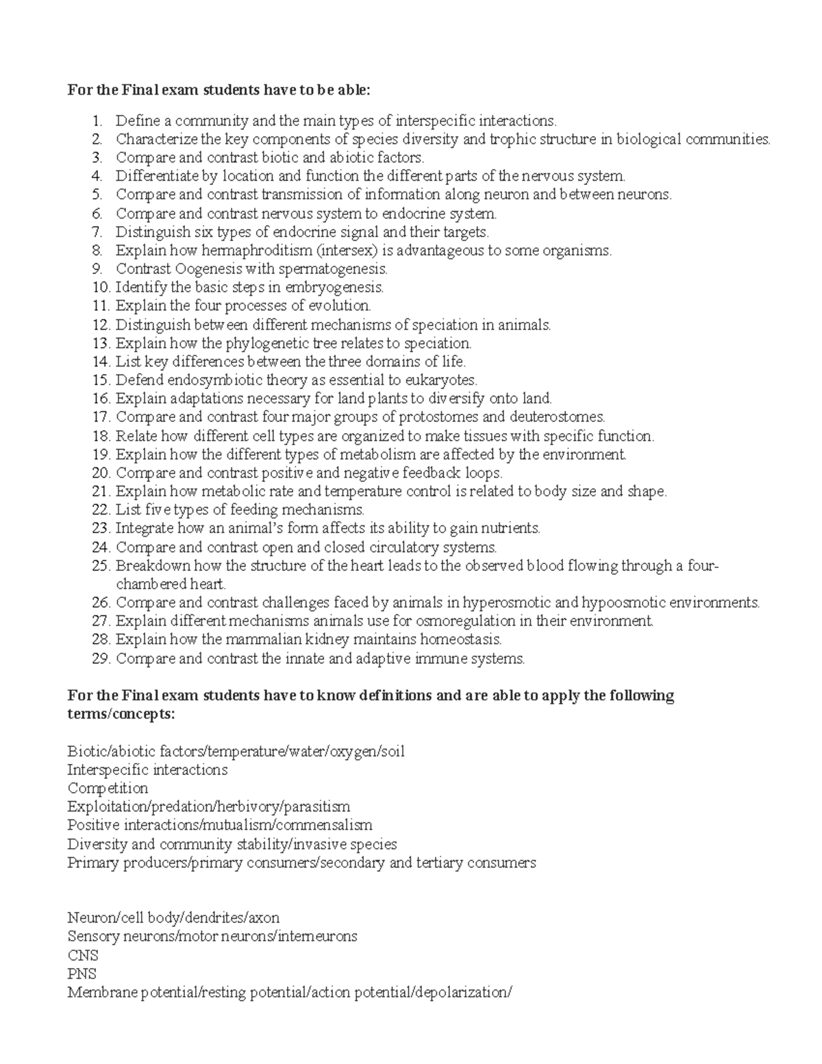 BIO1111 Final Exam Study Guide - Key Concepts & Definitions - Studocu