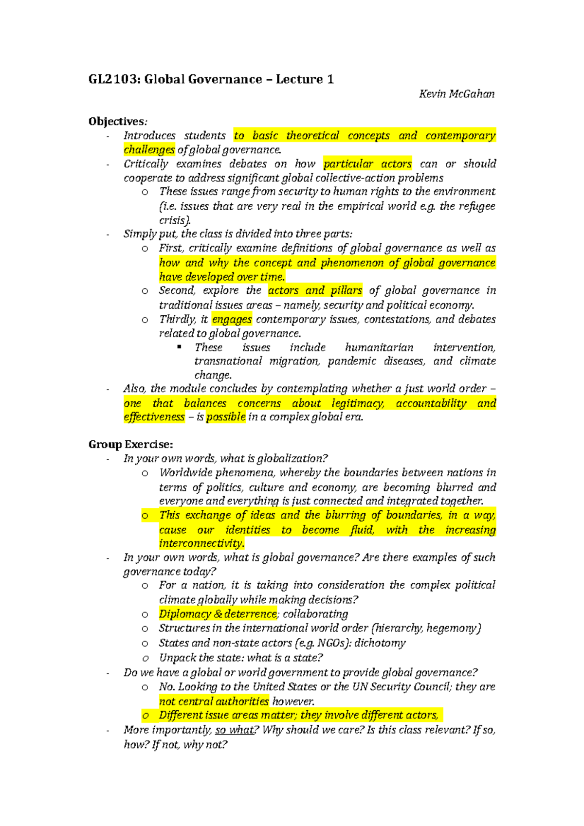 GL2103 Lecture 1 Notes - Taught by Dr. Kevin McGahan. - GL2103: Global ...