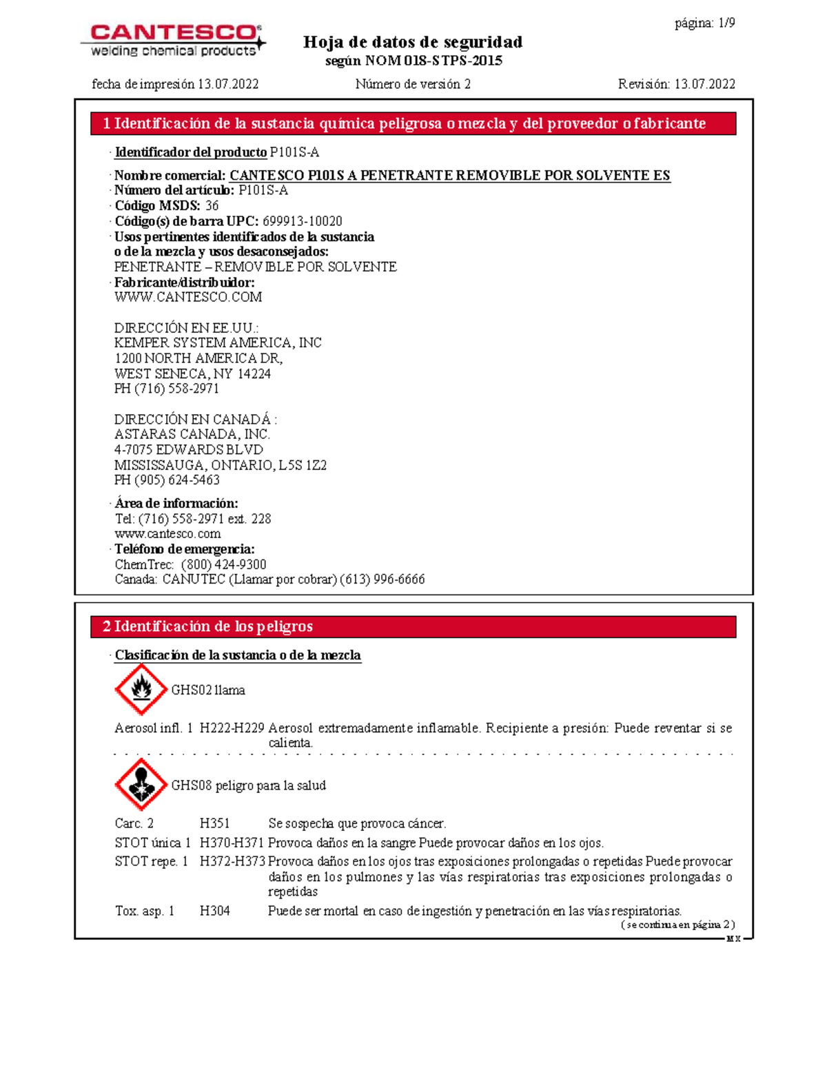 FDS Cantesco P101S: Hoja de Datos de Seguridad según NOM - Document Preview